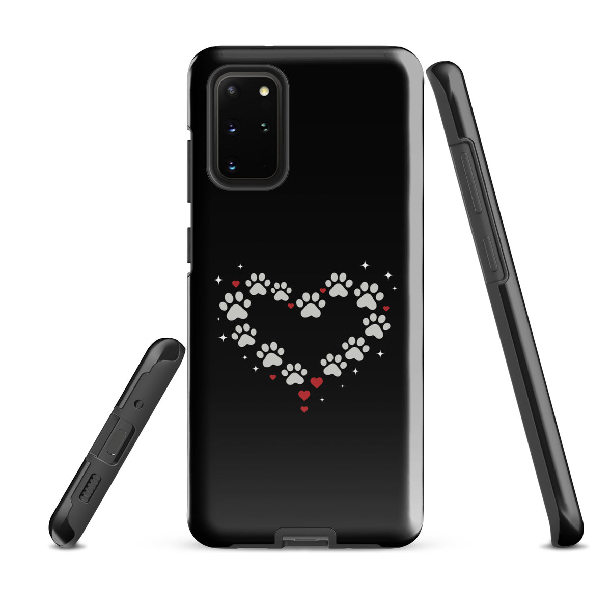 Phone Case for Samsung Galaxy with paw-print heart design on black backdrop, showcasing charm and luxury protection.