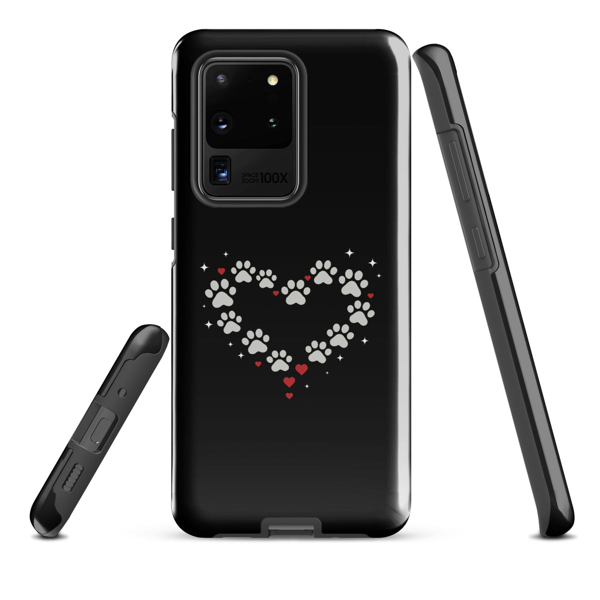 Phone Case for Samsung Galaxy with paw-print heart design in black with gray paw prints and red hearts, luxury accessory.