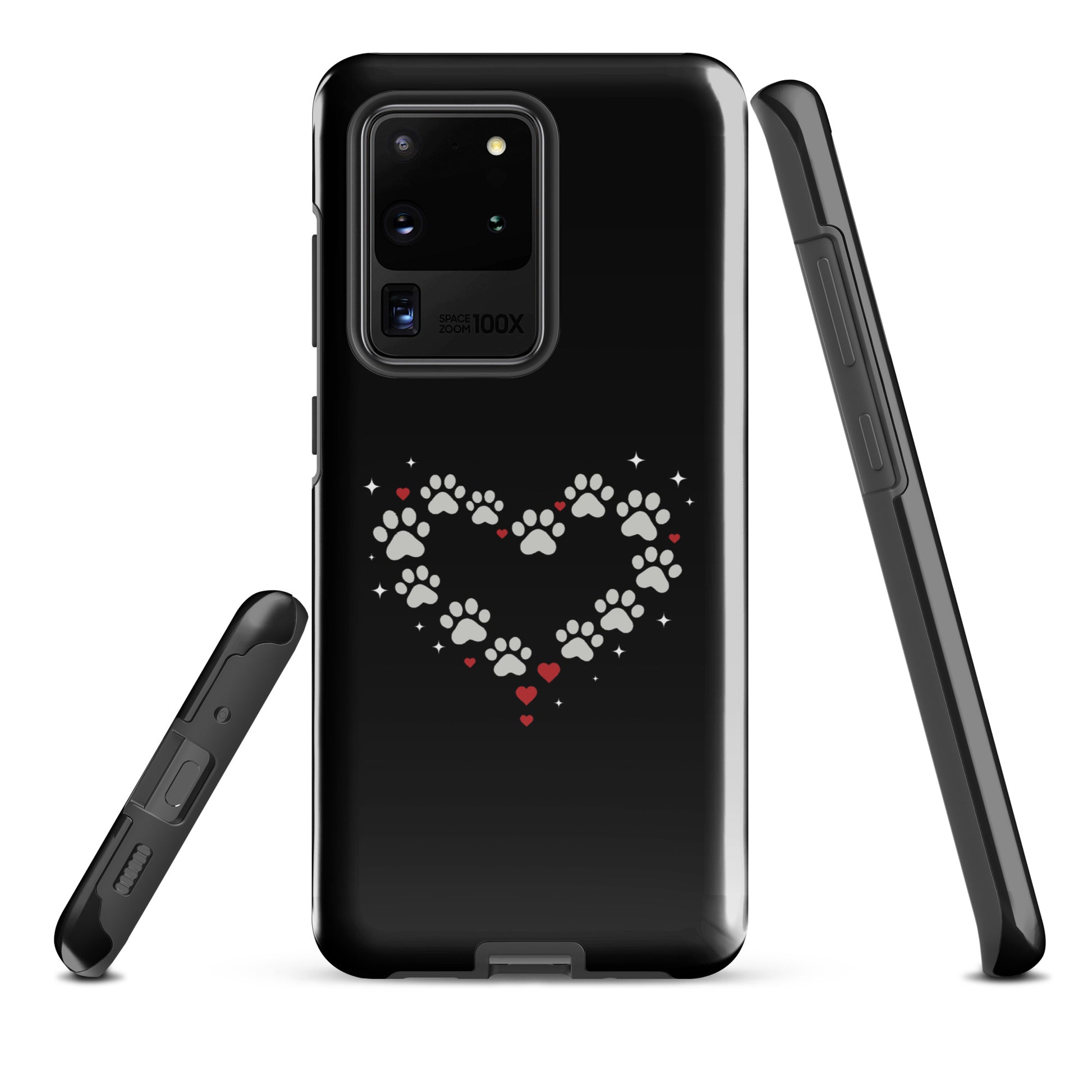 Phone Case for Samsung Galaxy with paw-print heart design in black with gray paw prints and red hearts, luxury accessory.