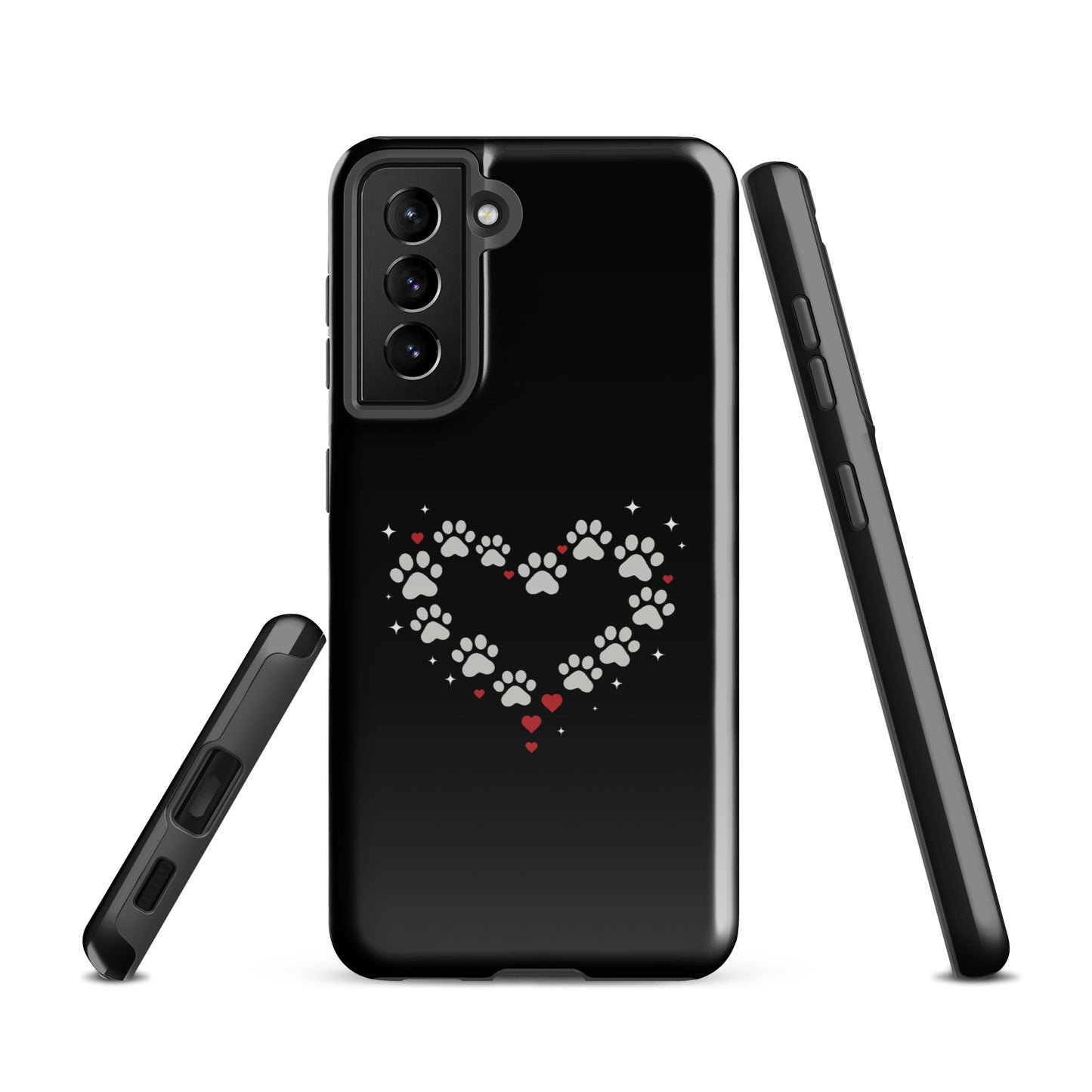 Phone Case for Samsung Galaxy with paw‑print heart design on black background, elegant and luxury accessory.