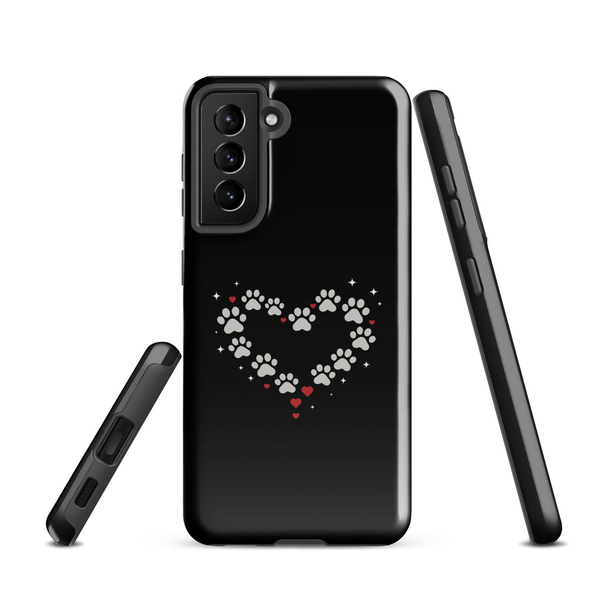Phone Case for Samsung Galaxy with paw‑print heart design on black background, elegant and luxury accessory.