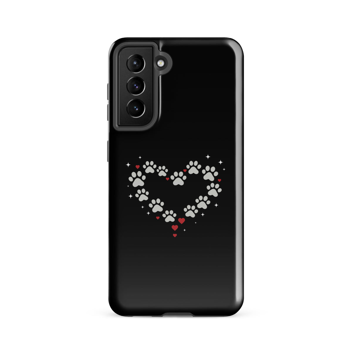 Phone Case for Samsung Galaxy with paw-print heart design on black background.