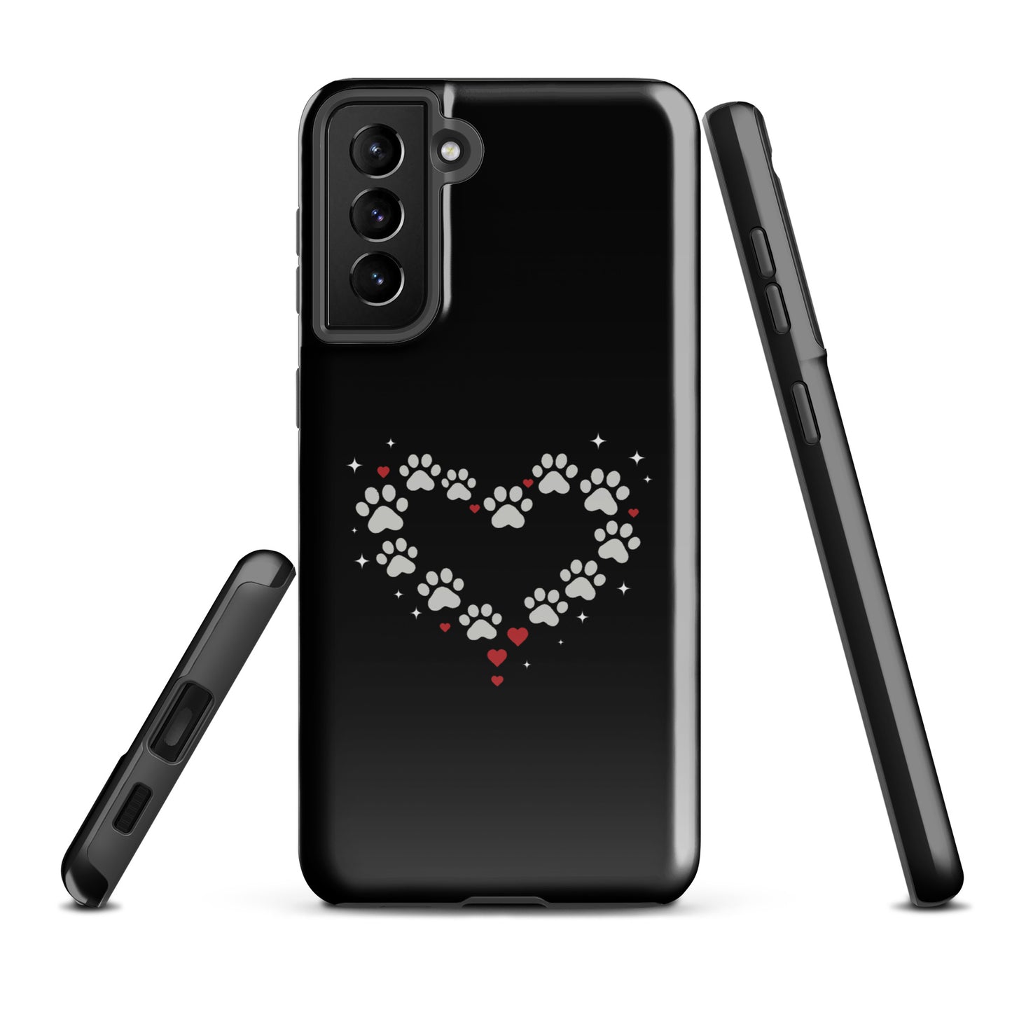 Phone Case for Samsung Galaxy with paw-print heart design, showcasing luxury protection and animal love on a black background.