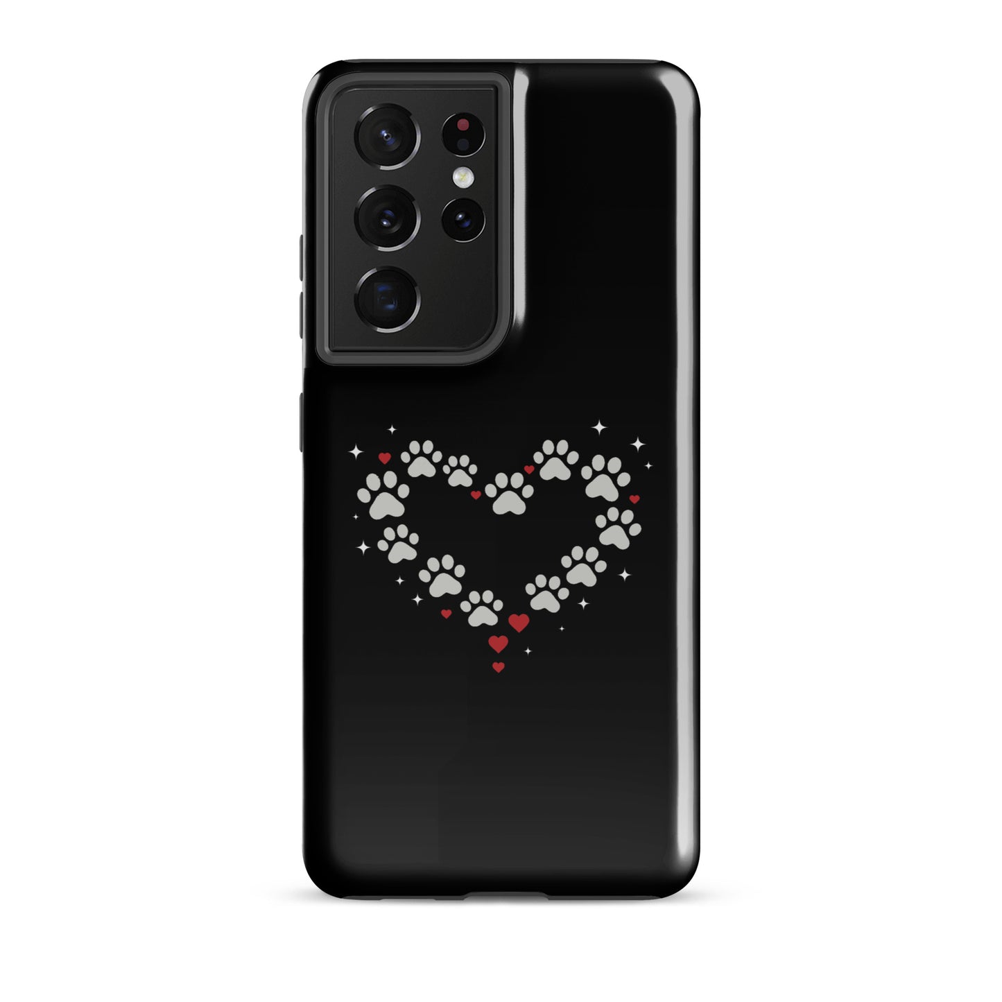 Phone Case with paw-print heart design for Samsung Galaxy featuring black backdrop and gray paw prints.