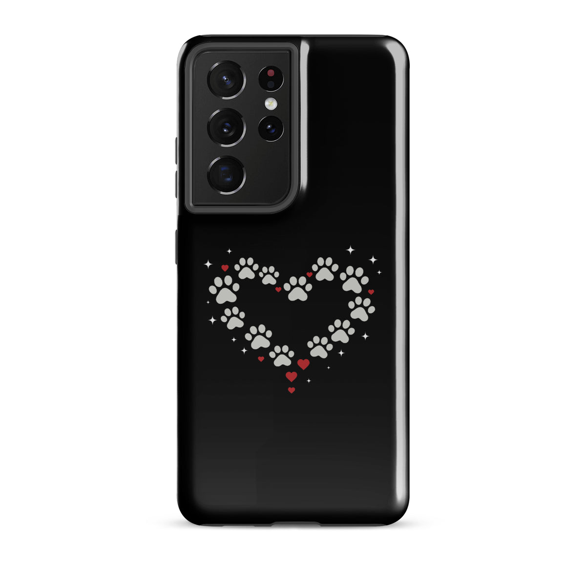 Phone Case with paw-print heart design for Samsung Galaxy featuring black backdrop and gray paw prints.