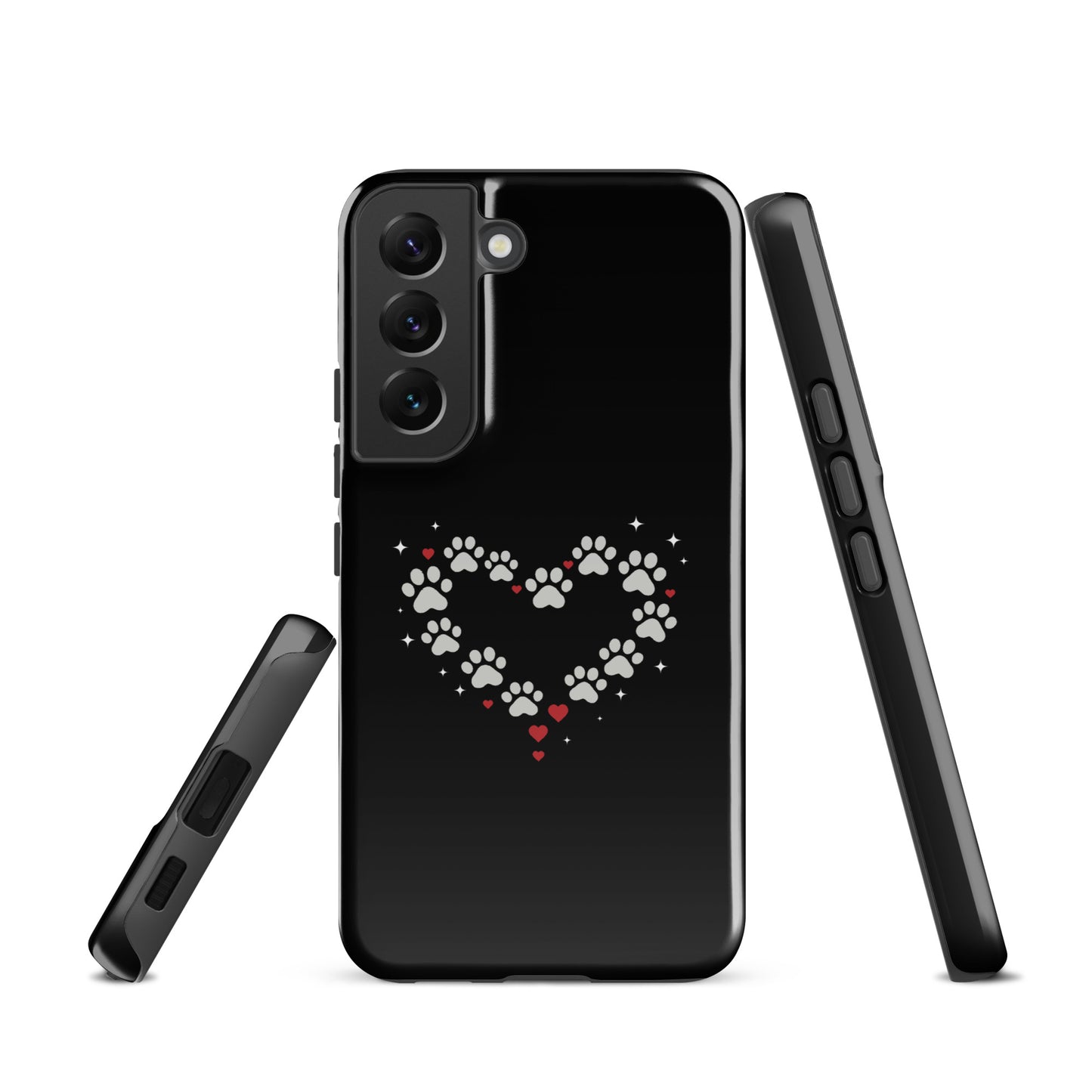 Phone Case for Samsung Galaxy with paw-print heart design on black background, showcasing luxury protection and animal love.