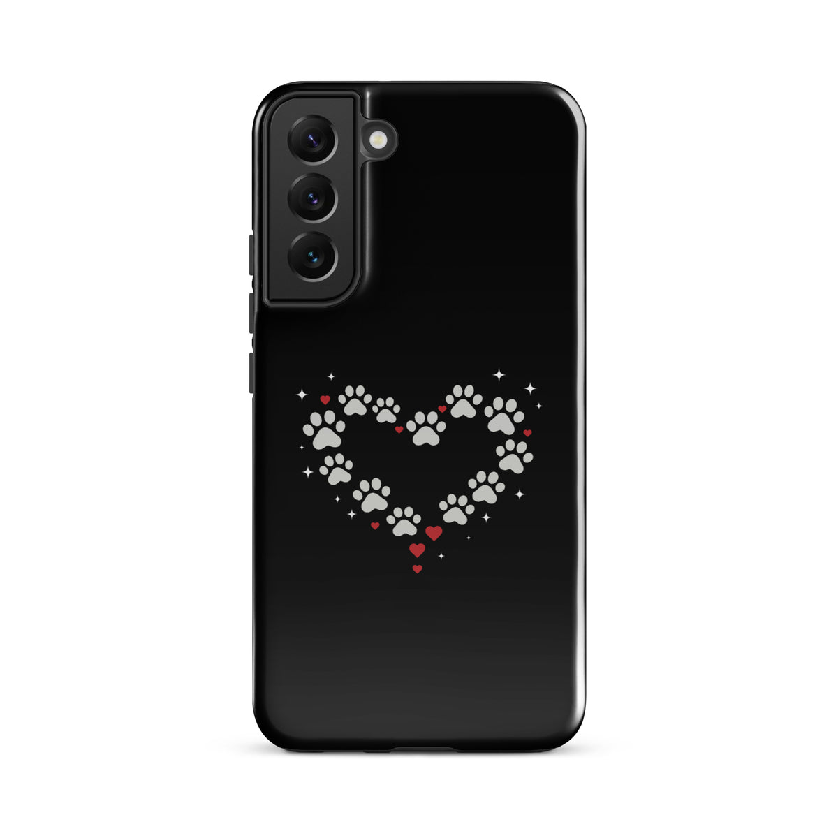 Phone Case for Samsung Galaxy with paw-print heart design on black background; perfect for animal lovers seeking stylish protection.