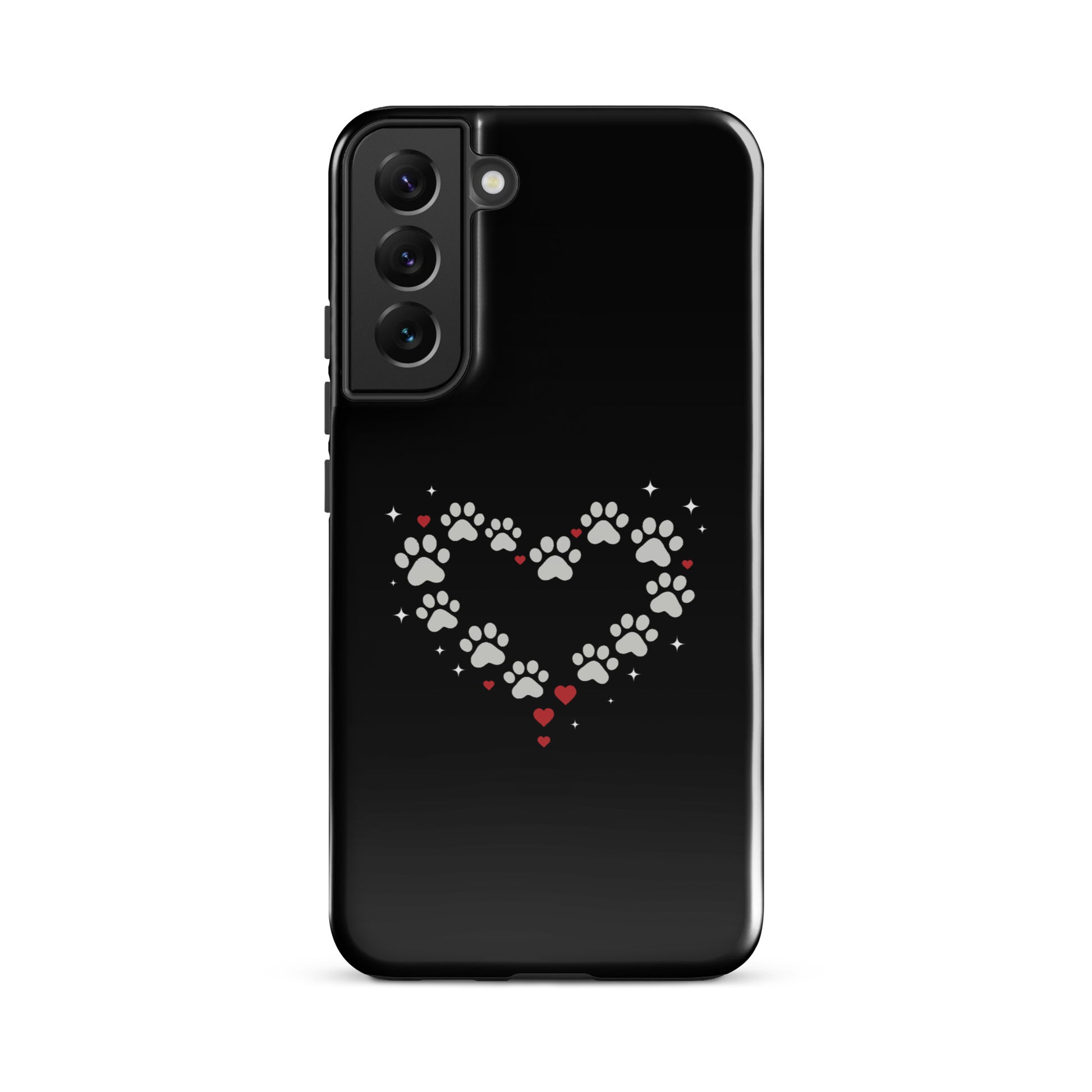 Phone Case for Samsung Galaxy with paw-print heart design on black background; perfect for animal lovers seeking stylish protection.