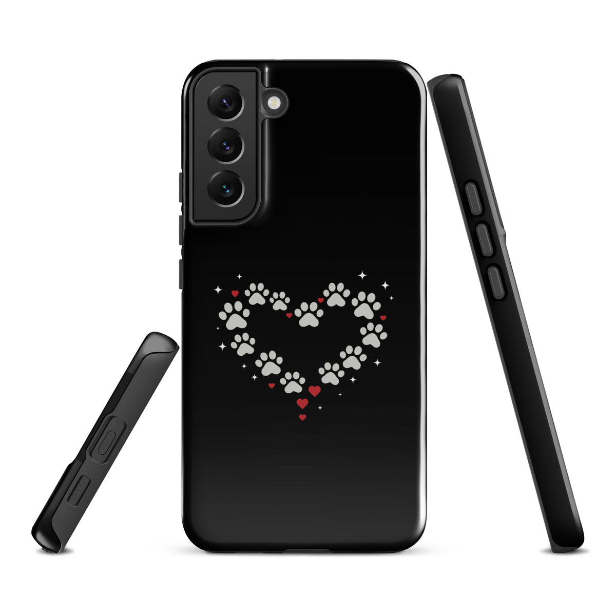 Phone Case for Samsung Galaxy with paw-print heart design on black background, animal lover accessory.