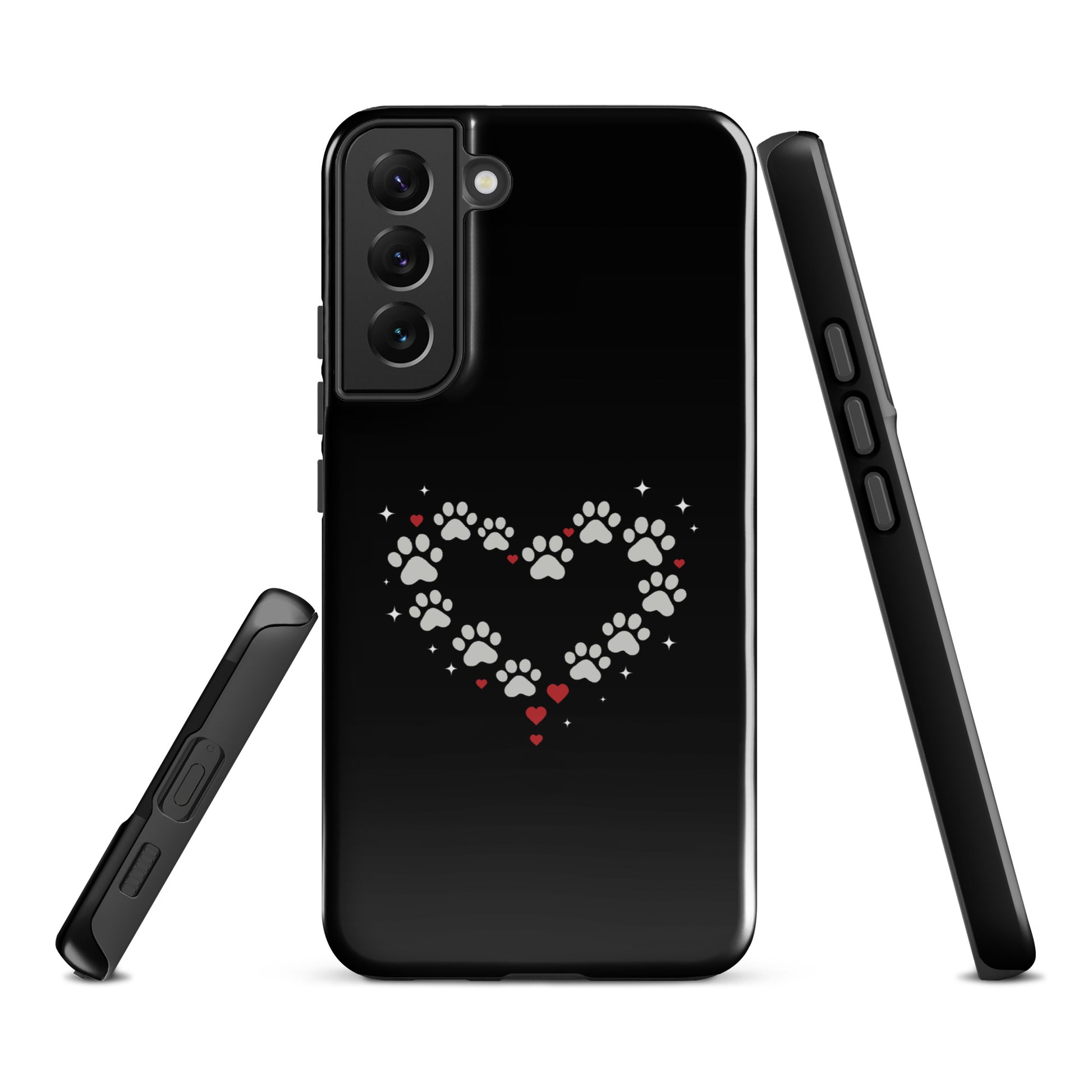 Phone Case for Samsung Galaxy with paw-print heart design on black background, animal lover accessory.