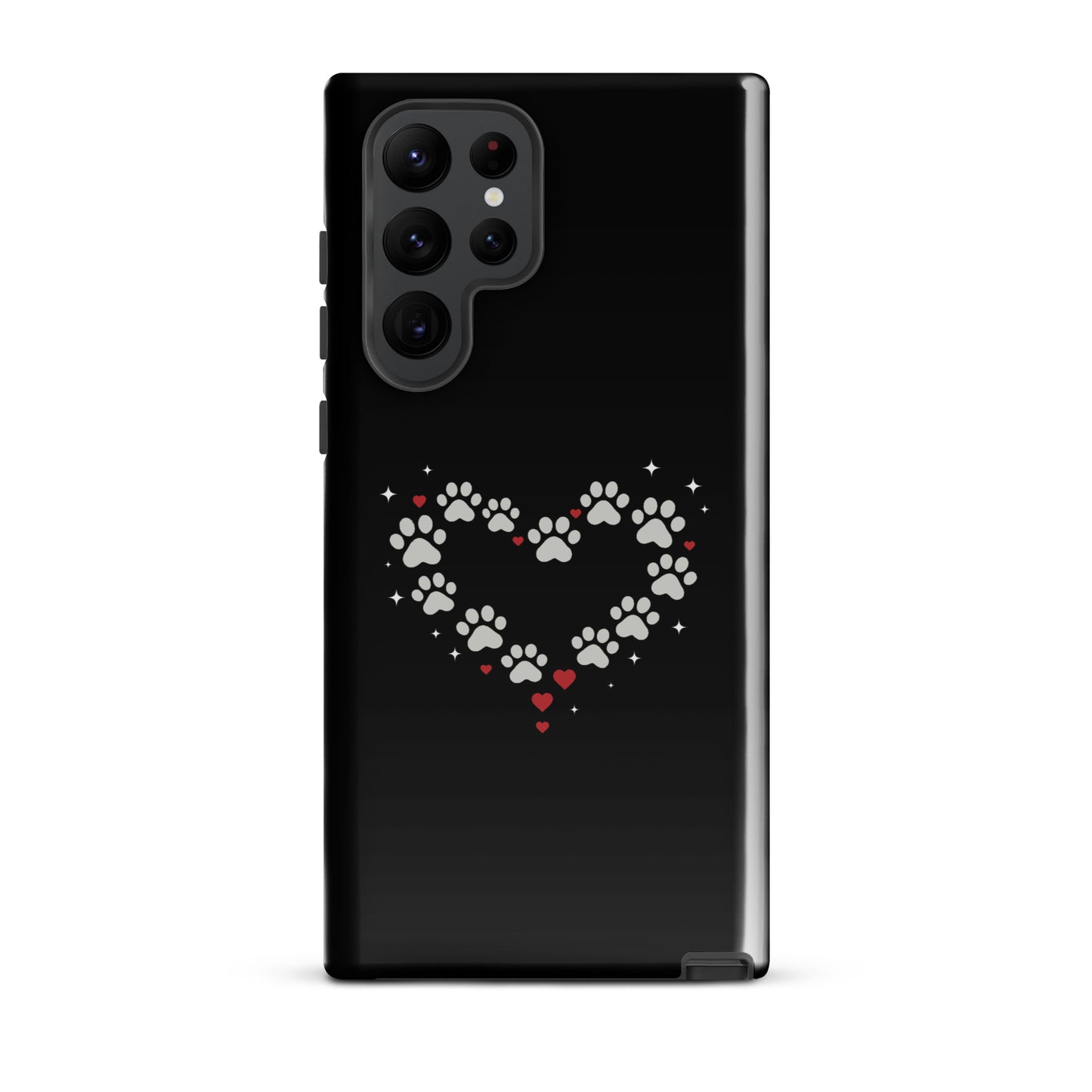 Phone Case for Samsung Galaxy with paw-print heart design on black background.