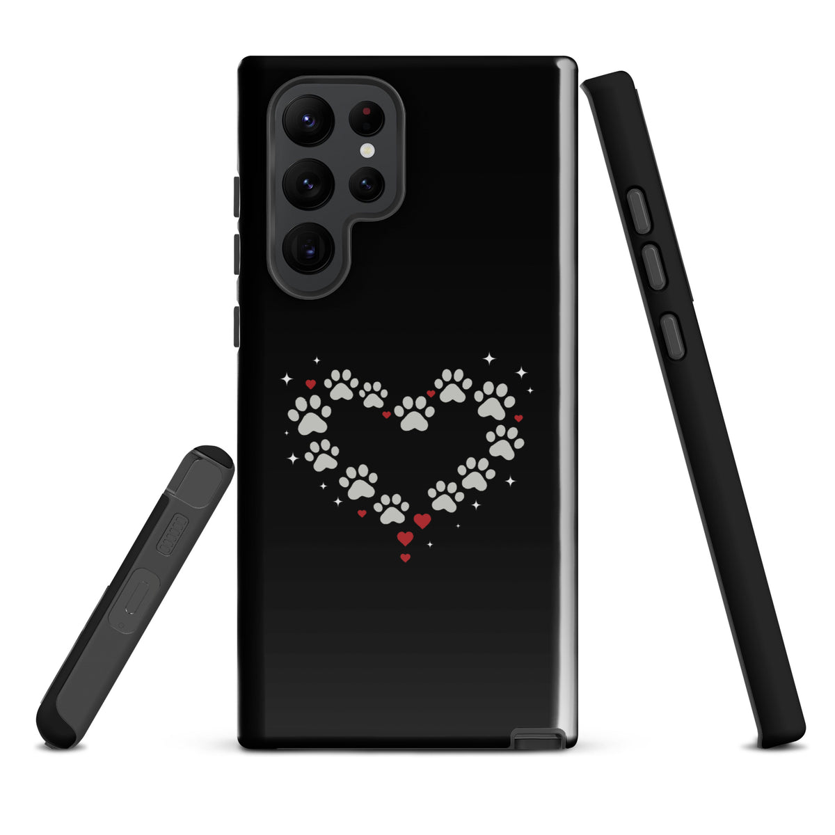 Phone Case with paw-print heart design for Samsung Galaxy on black backdrop.