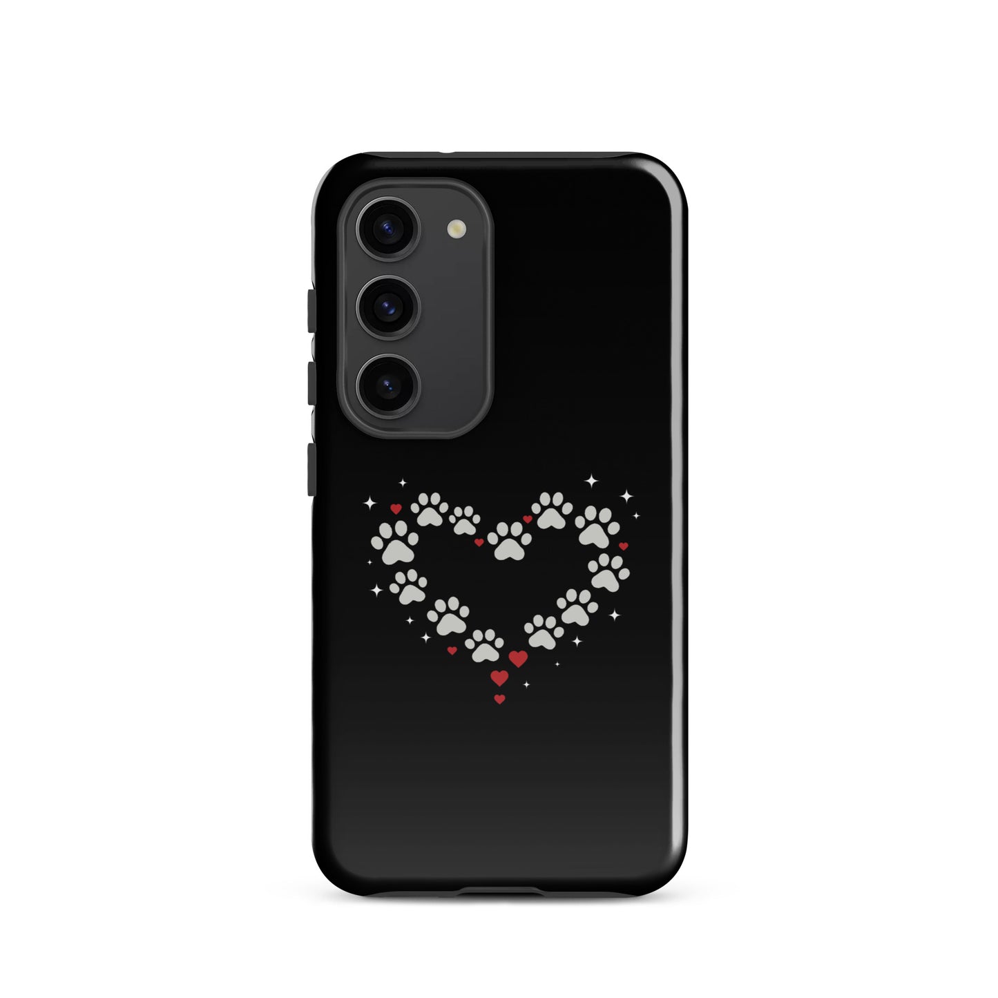 Phone Case for Samsung Galaxy with paw-print heart design, black backdrop and soft gray paw prints, perfect for animal lovers.
