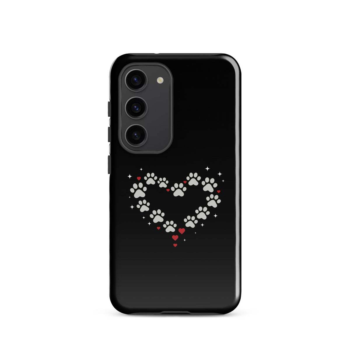 Phone Case for Samsung Galaxy with paw-print heart design, black backdrop and soft gray paw prints, perfect for animal lovers.
