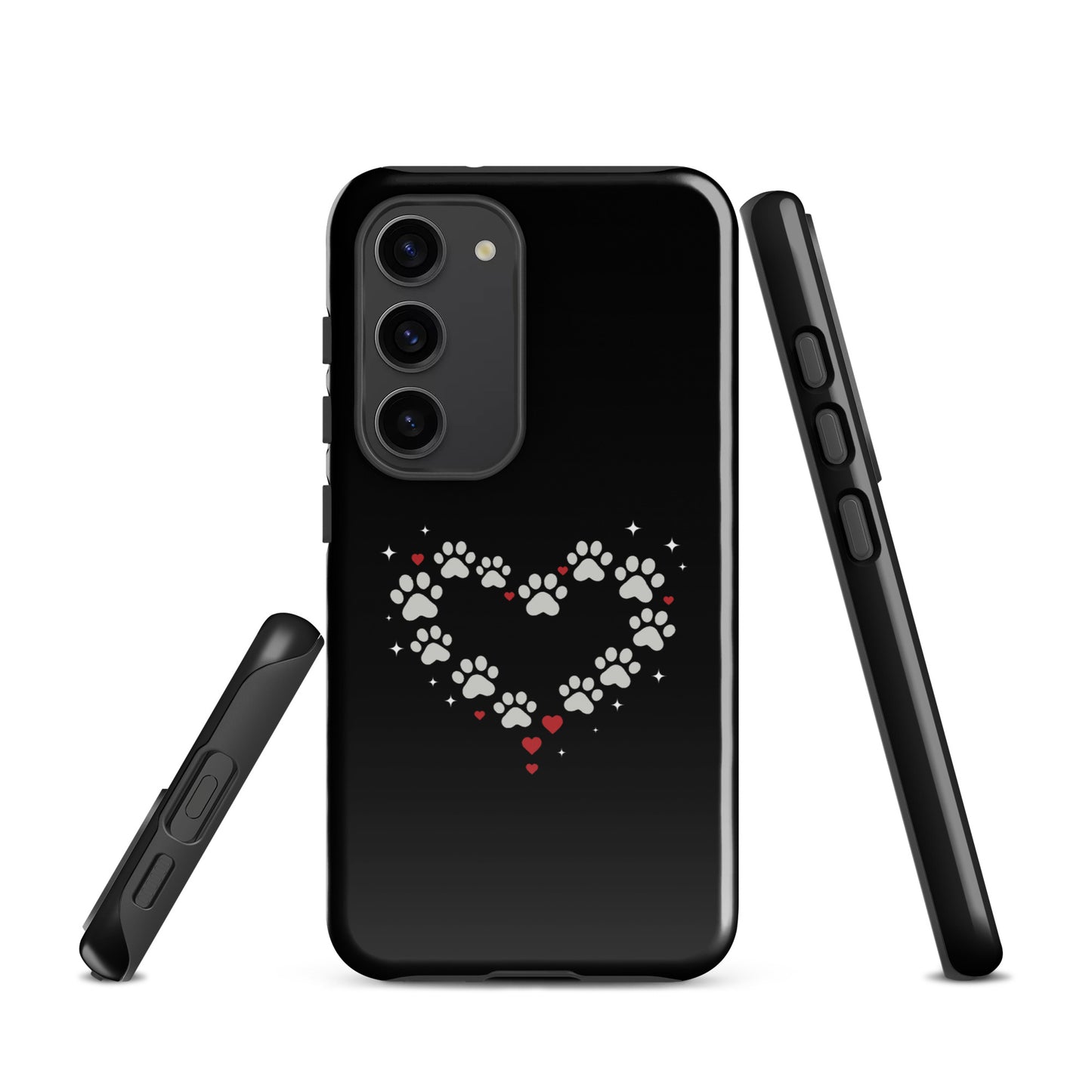Phone Case for Samsung Galaxy with paw-print heart design on black background, featuring luxury protection and animal lover appeal