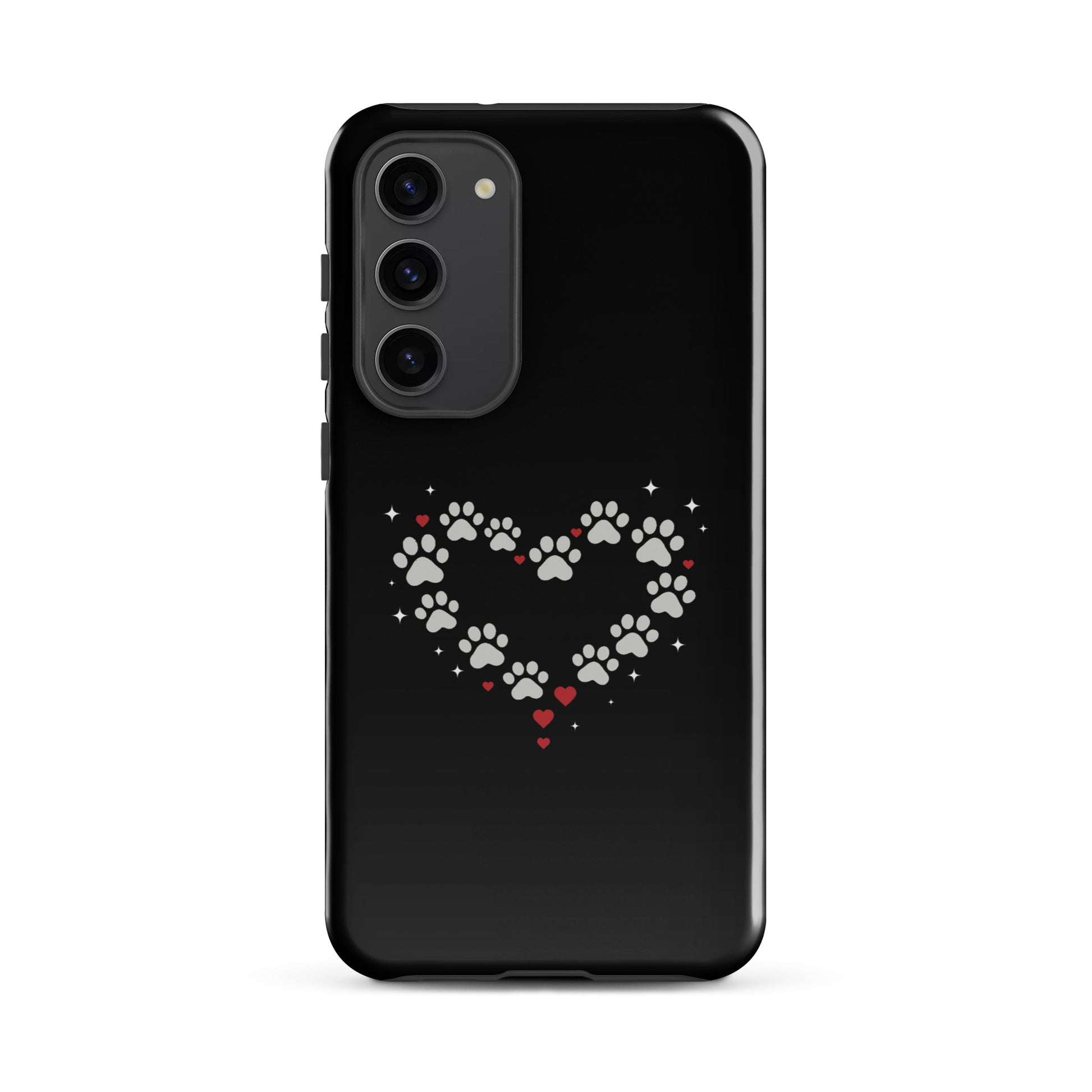 Phone Case for Samsung Galaxy with paw-print heart design on a black background, featuring luxury and animal love appeal.