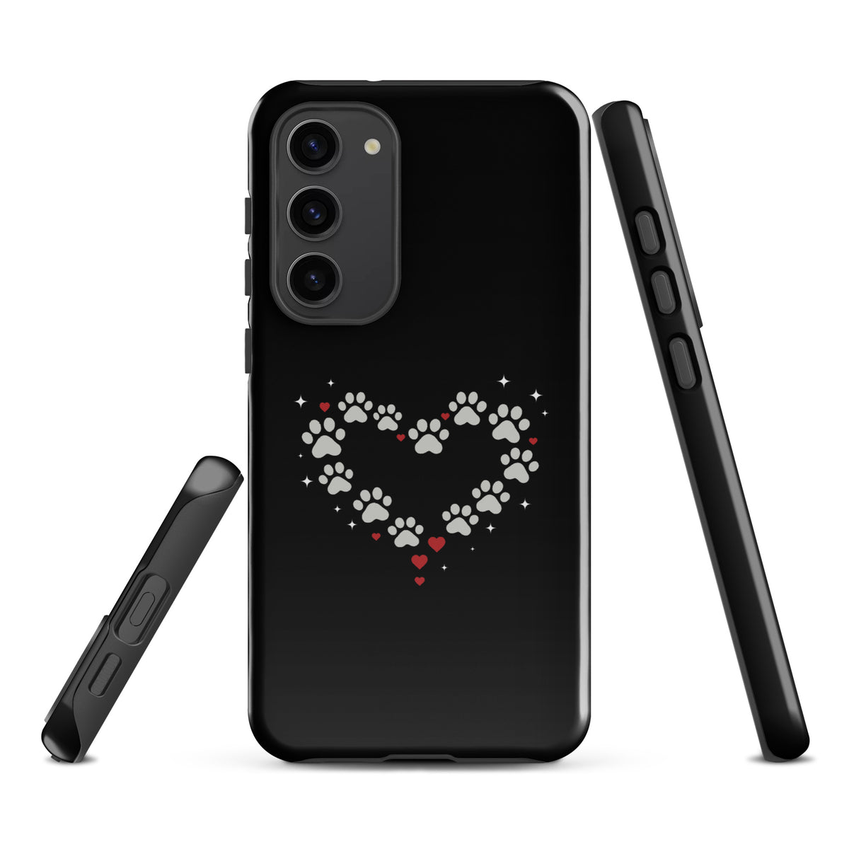Phone Case for Samsung Galaxy with paw-print heart design, black background
