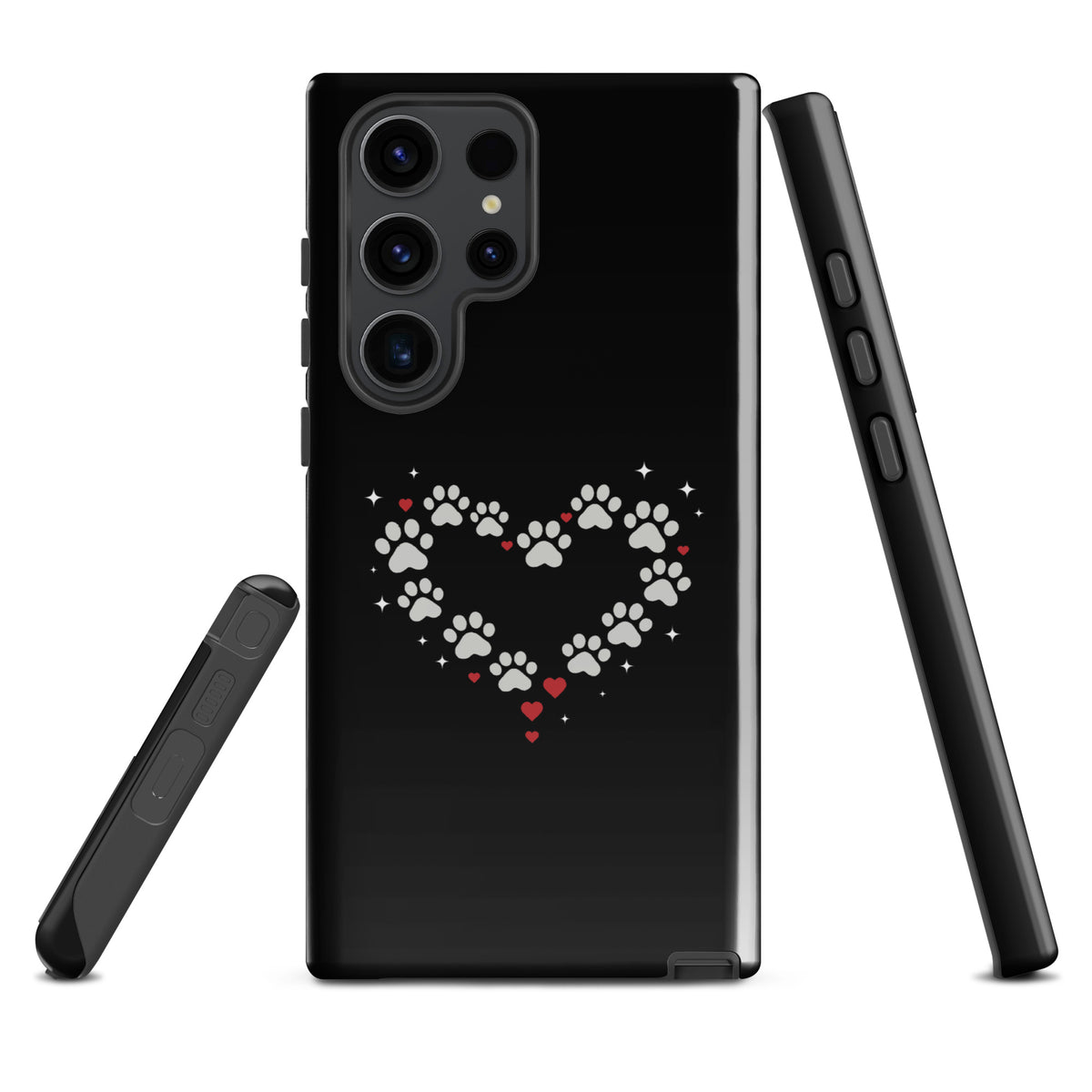 Phone Case for Samsung Galaxy featuring paw-print heart design with black and gray paw prints, luxury animal lover accessory