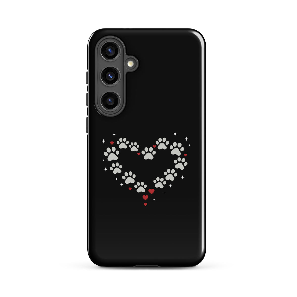 Phone Case for Samsung Galaxy with paw-print heart design, black background, stylish animal lover accessory.