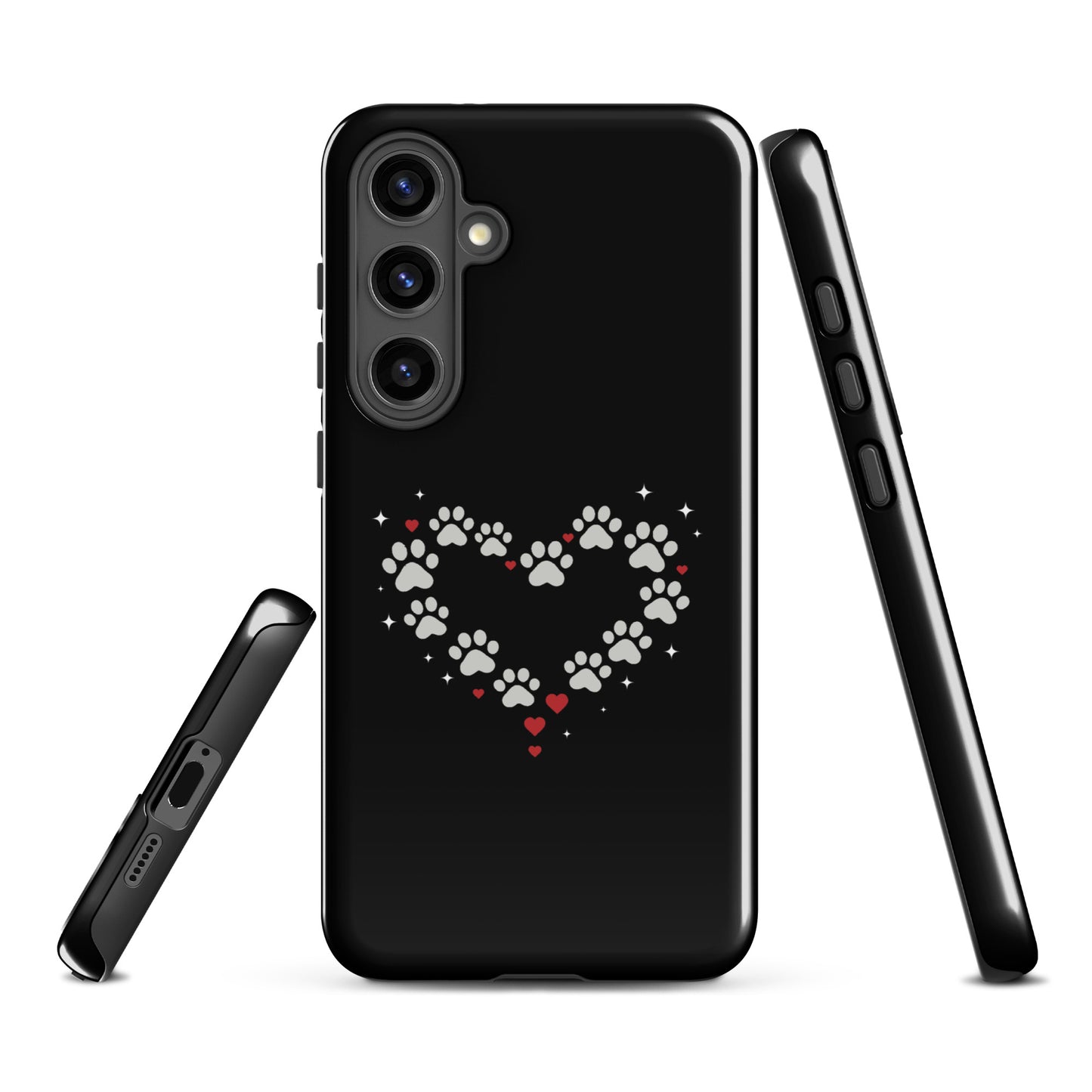 Phone Case for Samsung Galaxy with paw-print heart on black backdrop, perfect for animal lovers seeking stylish protection.