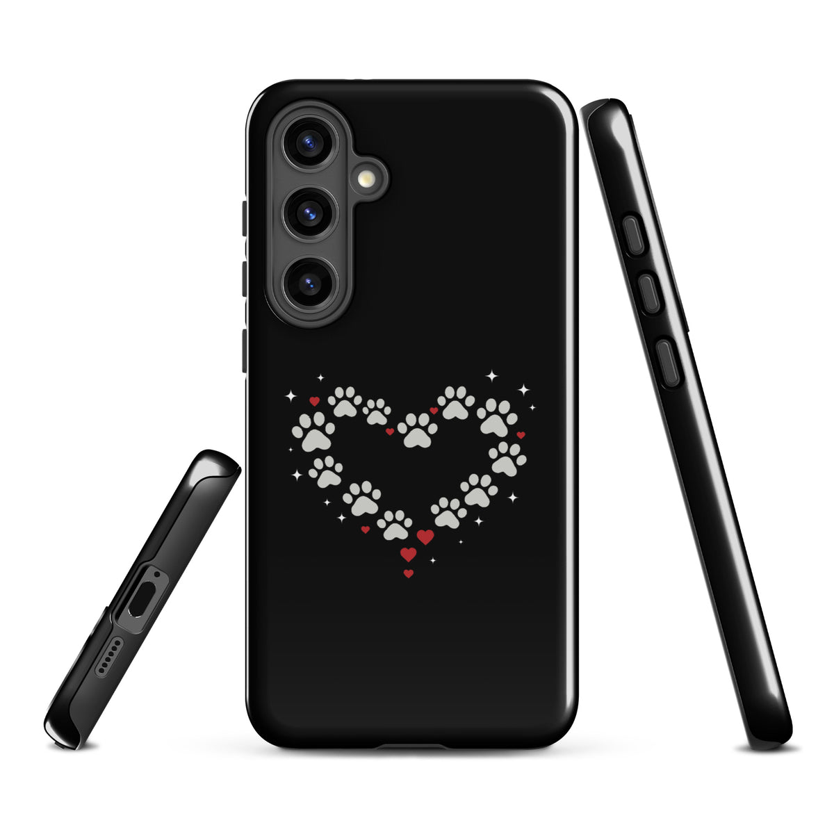 Phone Case for Samsung Galaxy with paw-print heart on black backdrop, perfect for animal lovers seeking stylish protection.