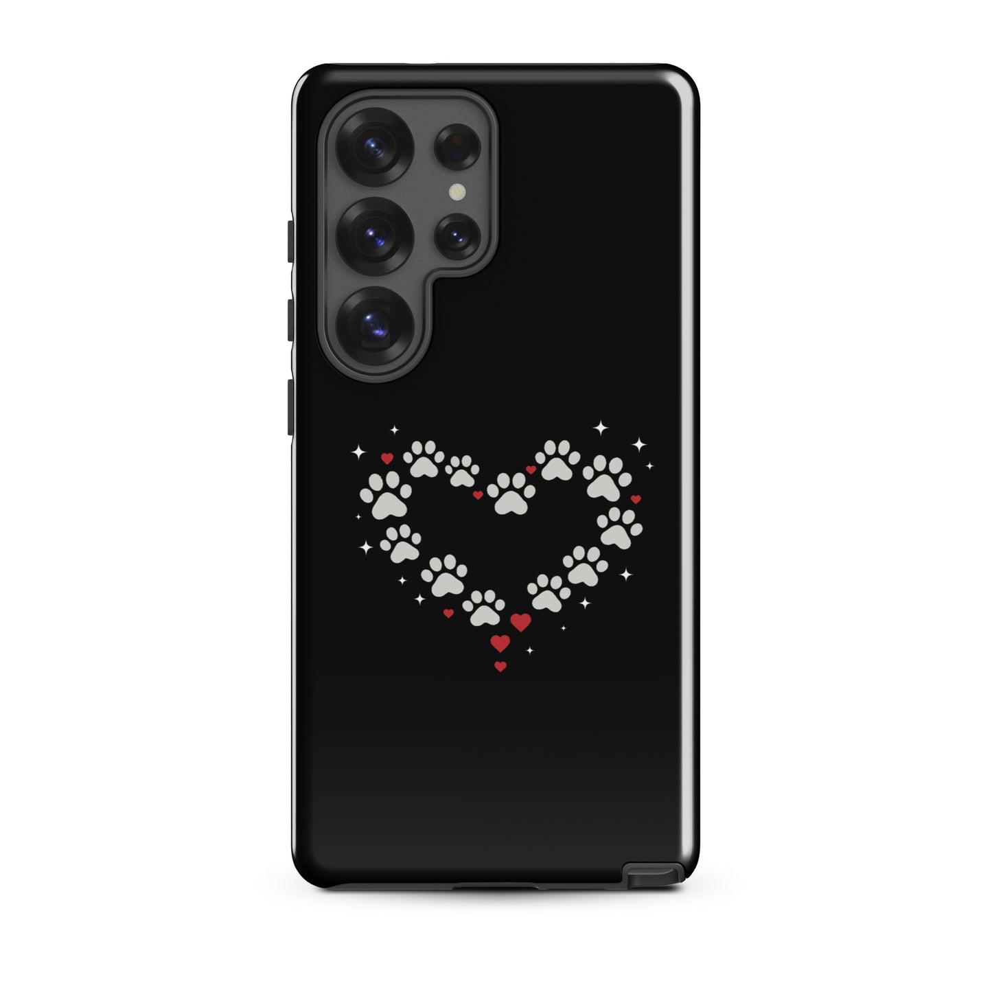 Phone Case for Samsung Galaxy with paw-print heart design and luxury feel, showcasing black backdrop and soft gray paw prints.
