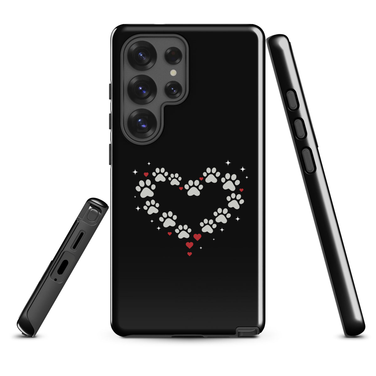 Phone Case for Samsung Galaxy with paw-print heart design, black backdrop, luxury animal-themed protection case.