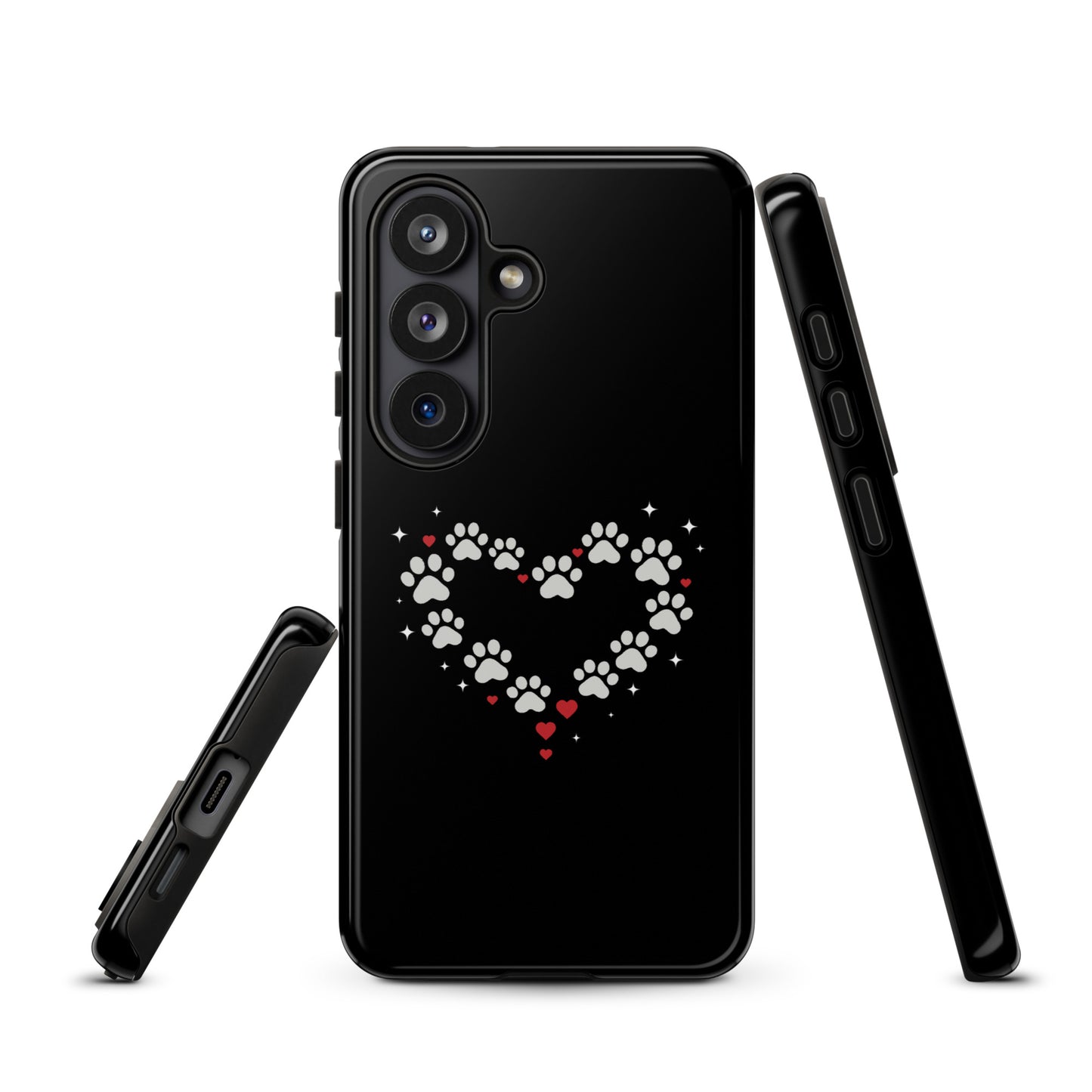 Phone Case for Samsung Galaxy with paw-print heart design on black background showcasing animal love and luxury protection.