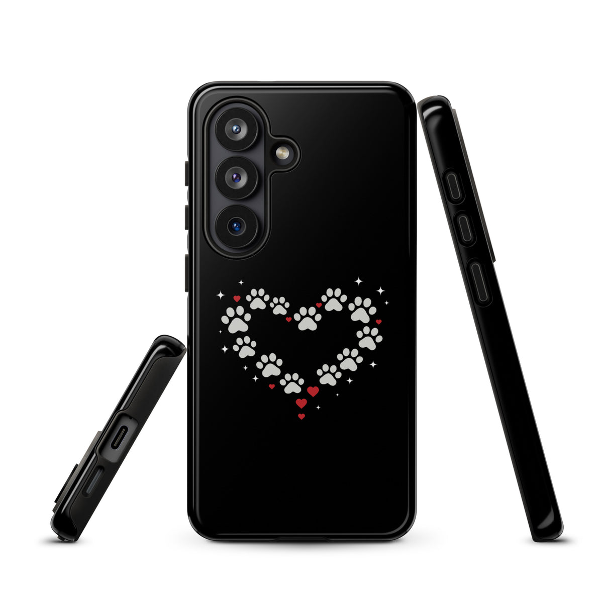 Phone Case for Samsung Galaxy with paw-print heart design on black background showcasing animal love and luxury protection.