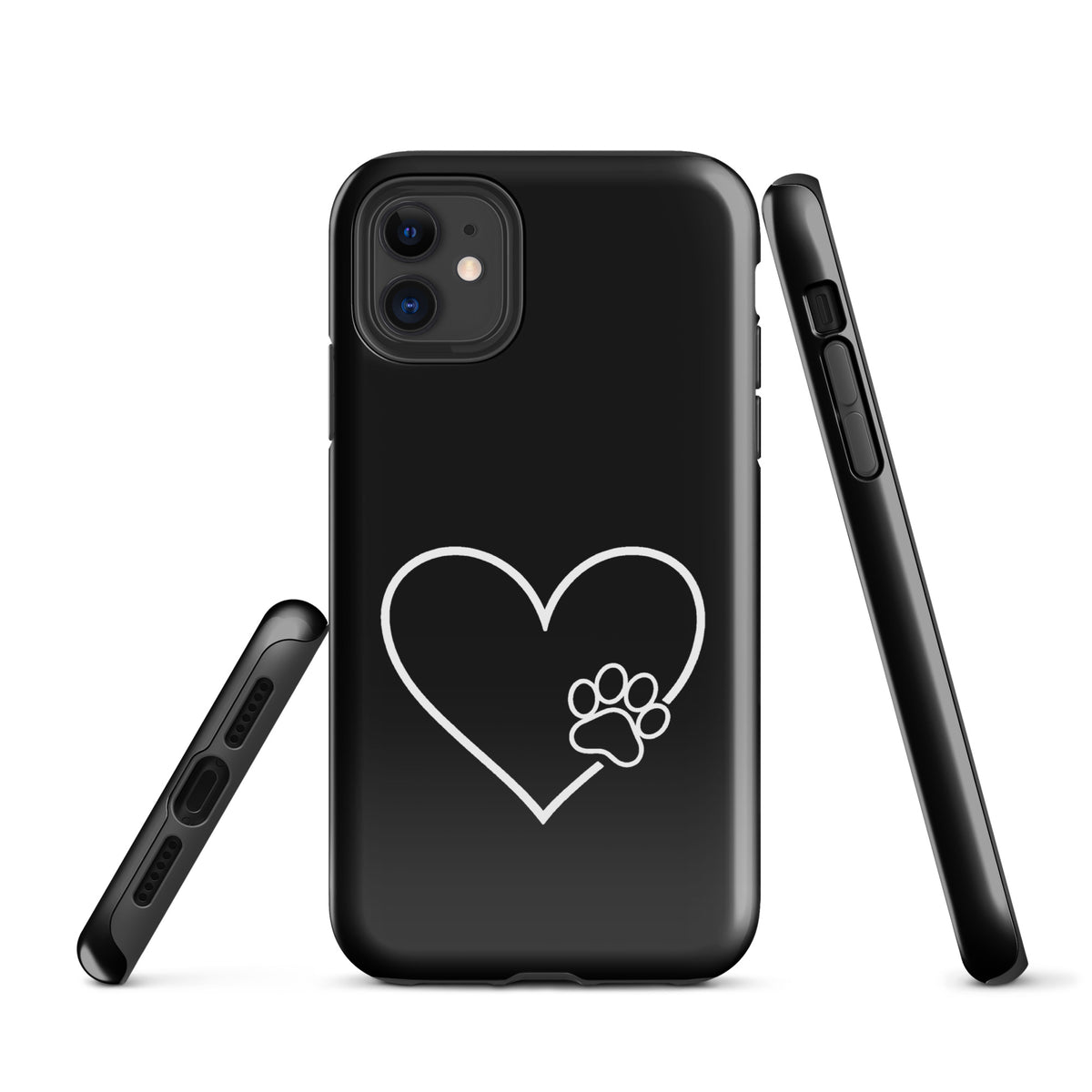 Phone Case for iPhone with heart and paw print design, stylish pet lover accessory in black, combines tech protection and pet love.