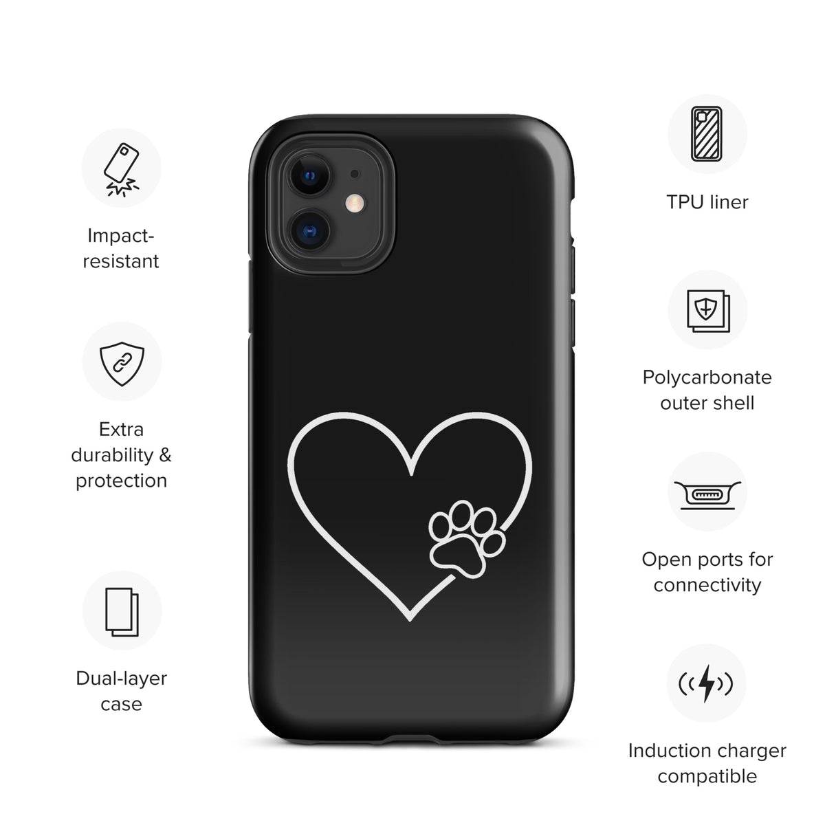 Phone Case for iPhone with Heart Paw Print design, stylish protection for pet lovers, featuring a white heart and black paw print.