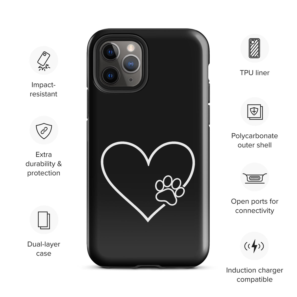 Phone Case with heart and paw print design, featuring impact-resistant and durable polycarbonate shell for stylish pet lovers.