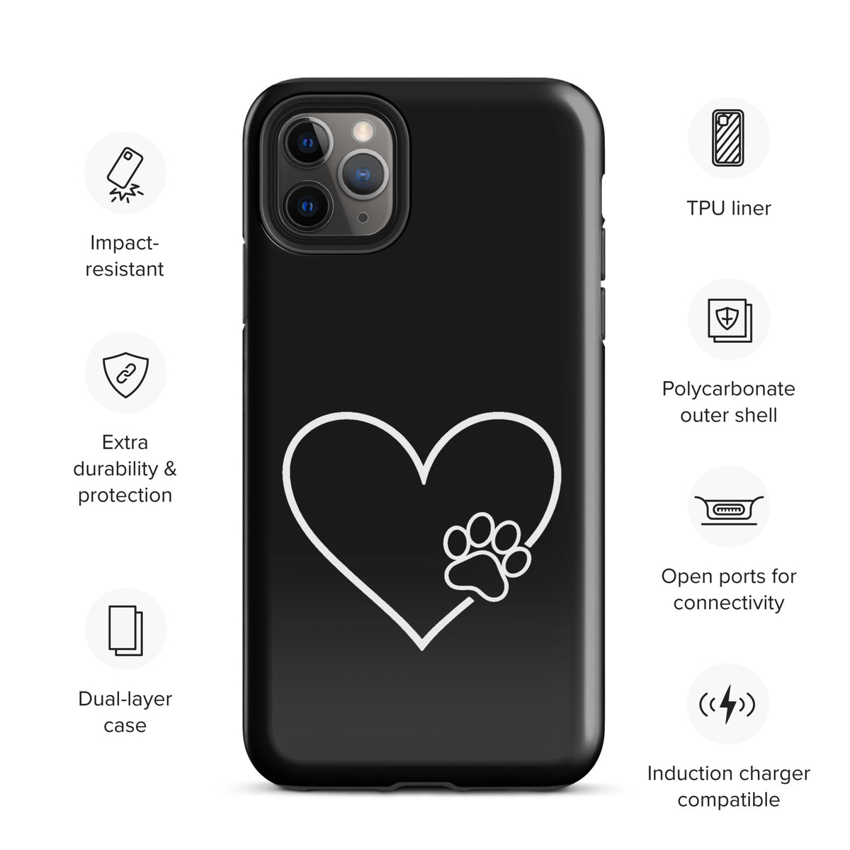 Phone Case for iPhone with Elegant Heart Paw Print design, featuring durability and protection for pet lovers, black with white outline.