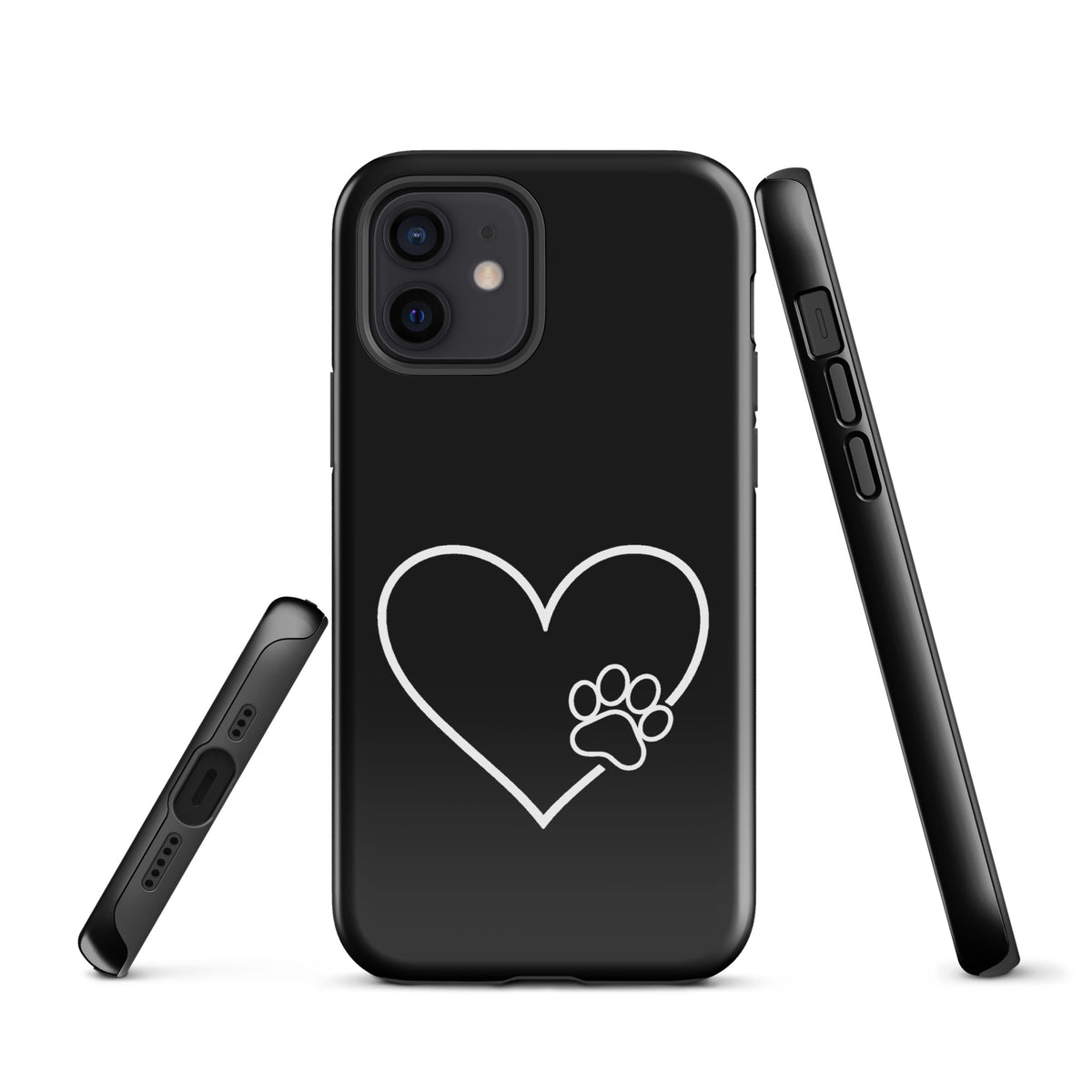Phone Case for iPhone with heart and paw print design, elegant pet lover accessory in black. Perfect gift for stylish pet fans.