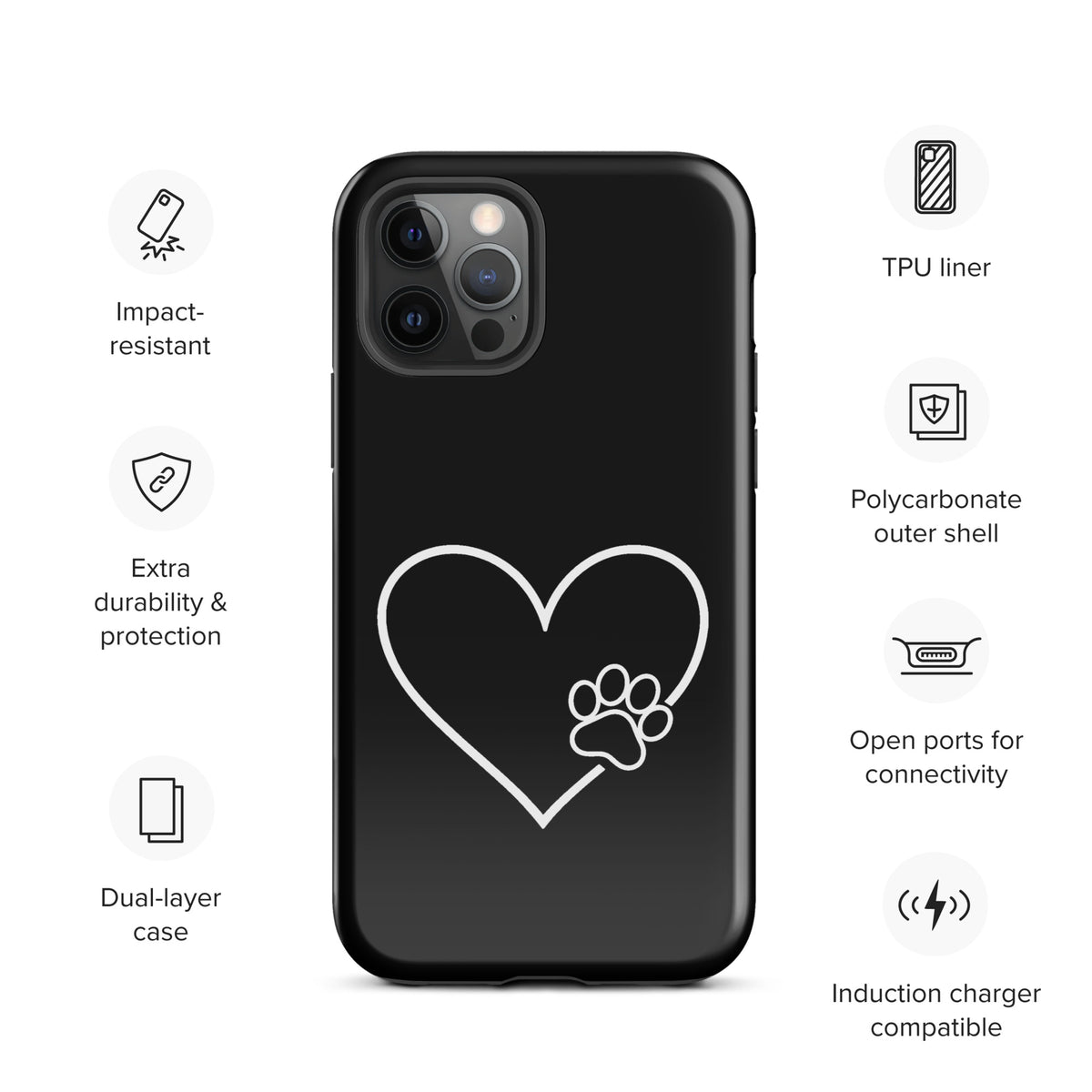Phone Case for iPhone with heart and paw print design for pet lovers, featuring impact-resistant, dual-layer protection.