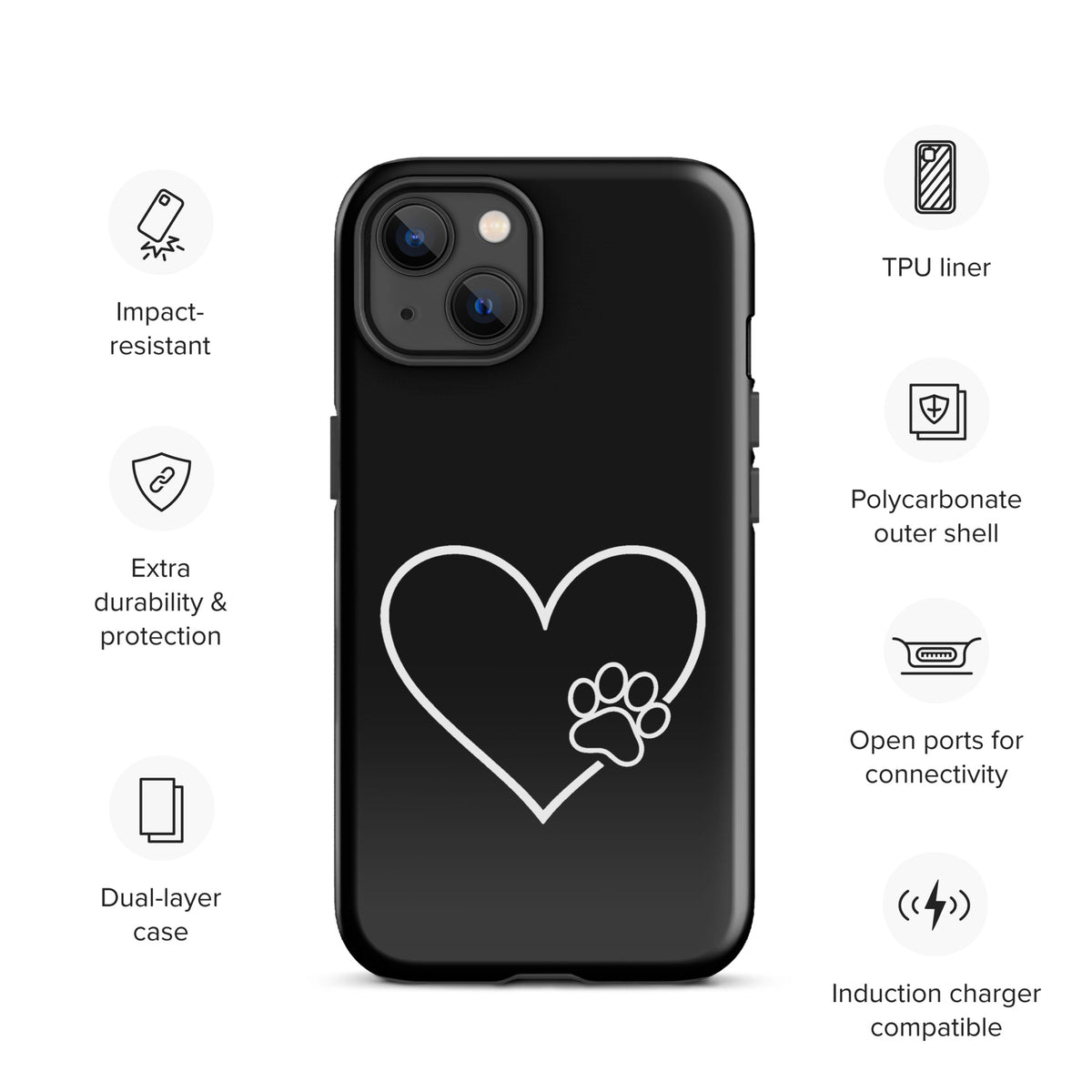 Phone Case for iPhone featuring a white heart with paw print design; stylish protection for pet lovers.