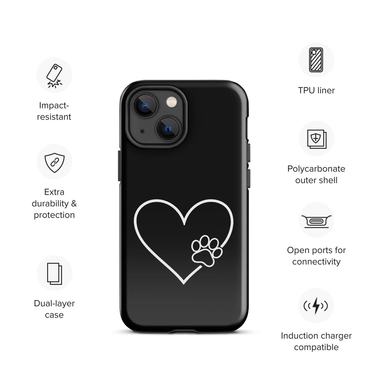 Phone Case for iPhone with elegant heart and paw print design, perfect for stylish pet lovers seeking durable protection.