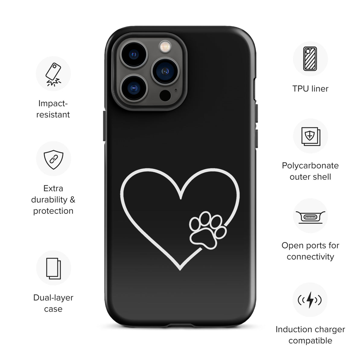 Phone Case for iPhone featuring a heart and paw print design, symbolizing pet love and tech protection.