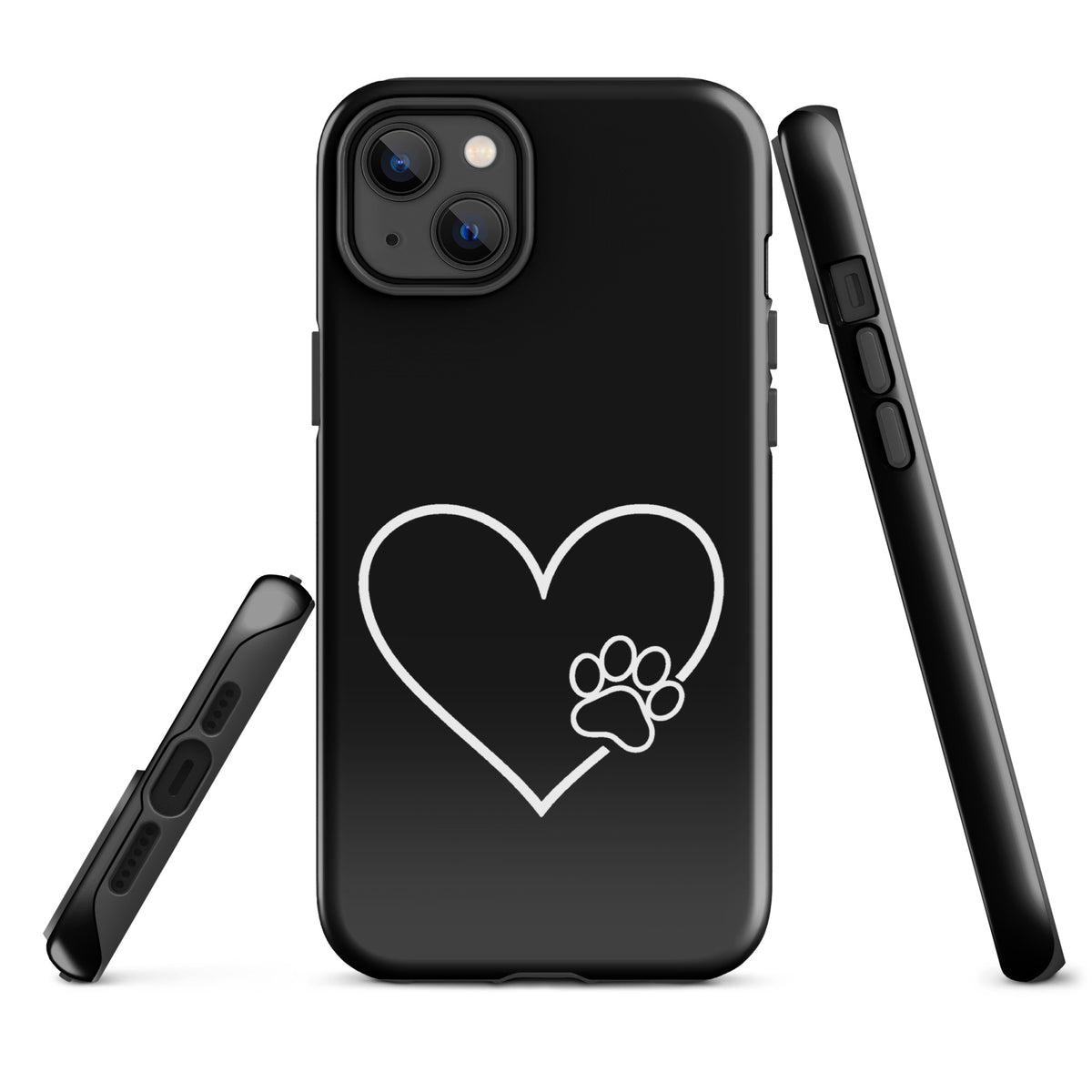 Phone Case for iPhone featuring a white heart outline and black paw print design for pet fans, offering stylish protection.