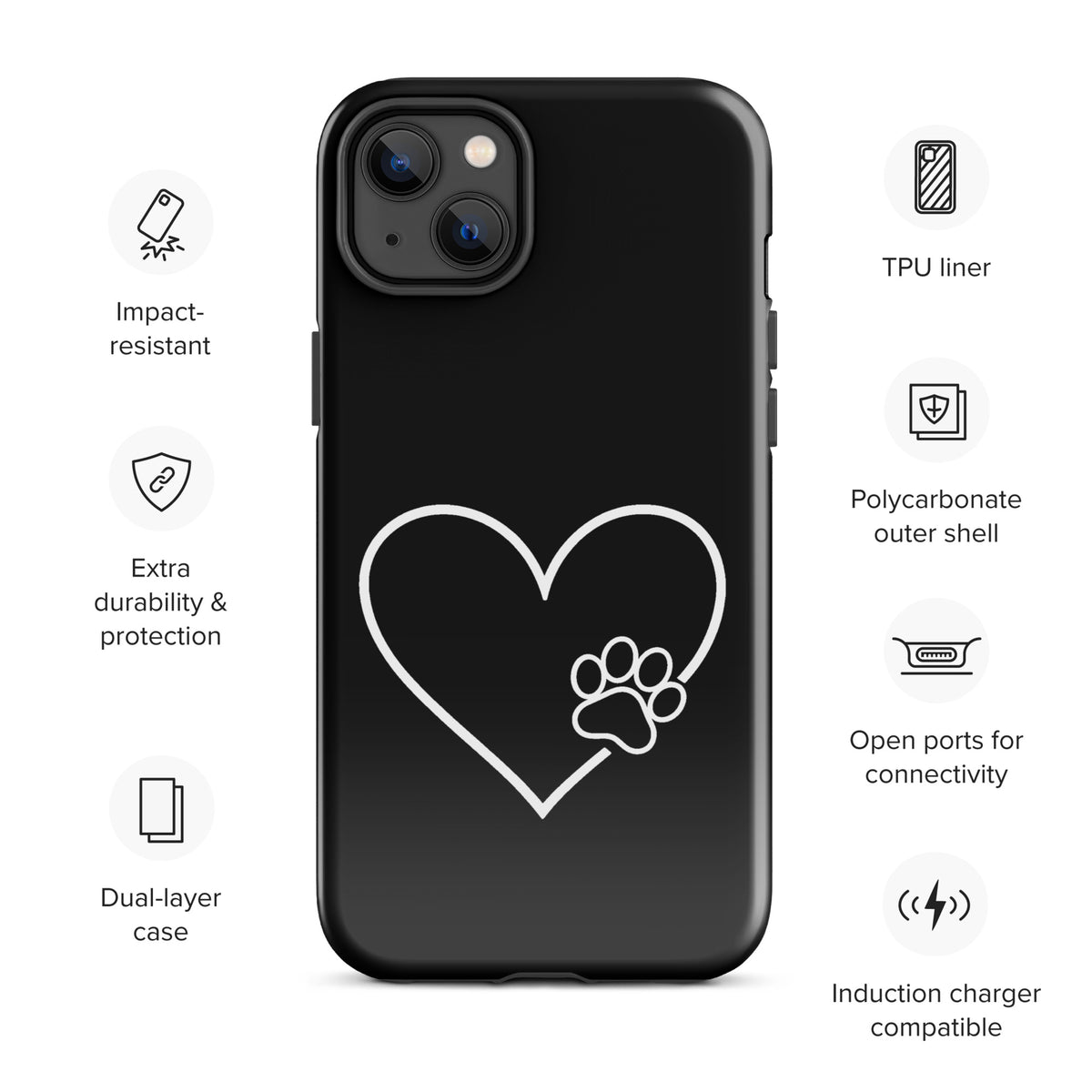 Phone Case for iPhone featuring white heart and paw print design, ideal for pet lovers seeking style and protection.