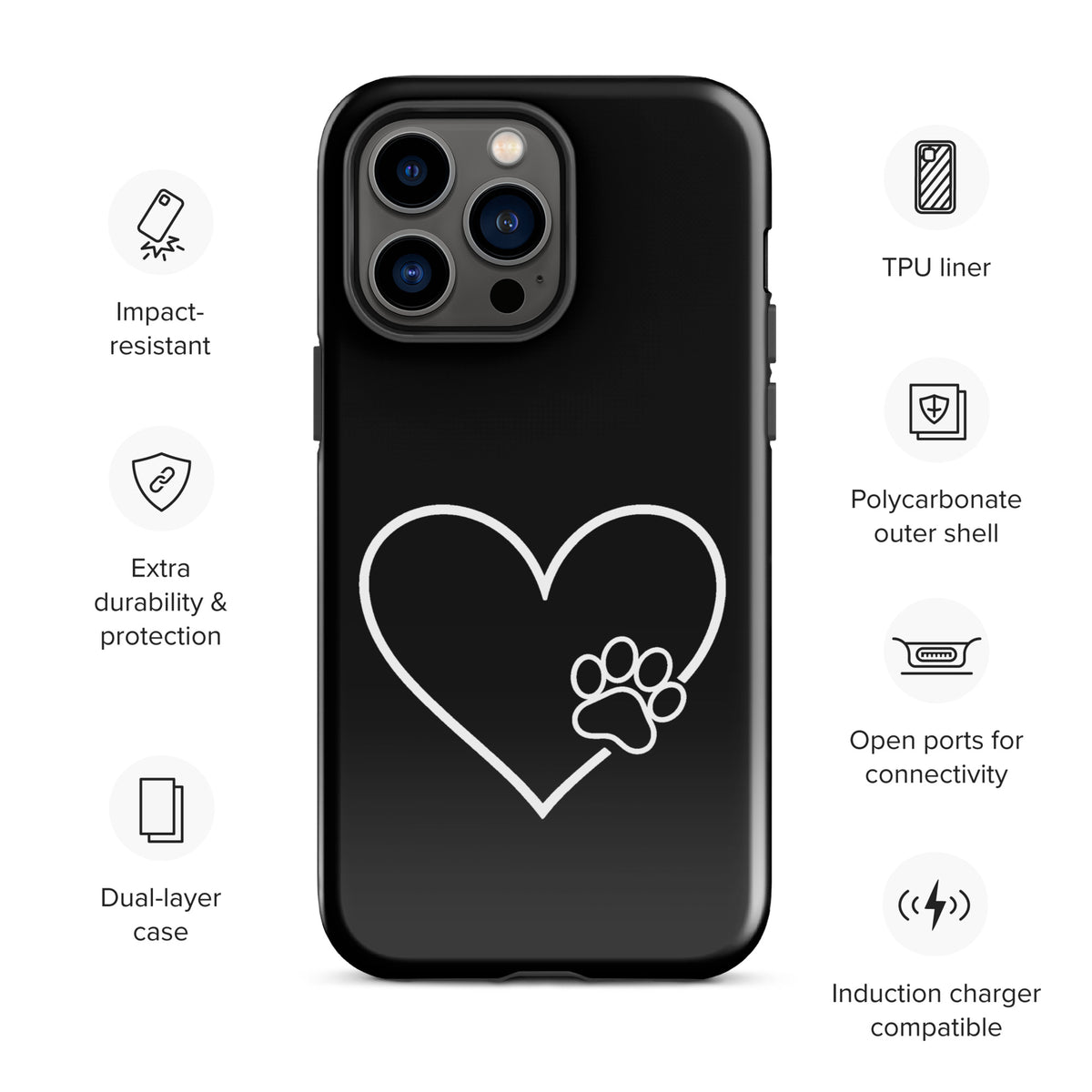 Phone Case for iPhone with heart and paw print, stylish pet-themed protection, ideal for dog and cat lovers, sleek black and white design.