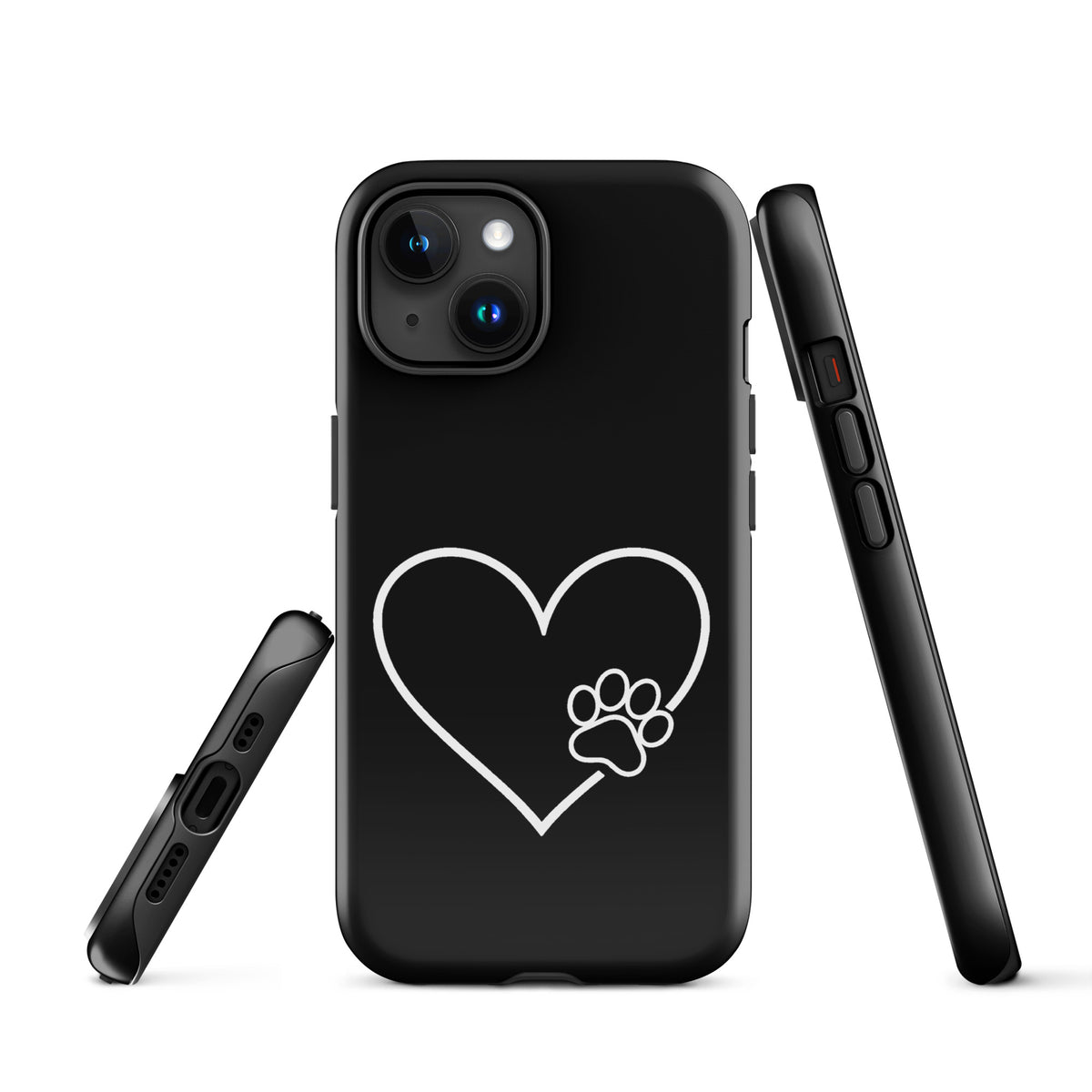 Phone Case with white heart and black paw print, ideal for stylish pet fans, fits iPhone, offering protection and style in black design.