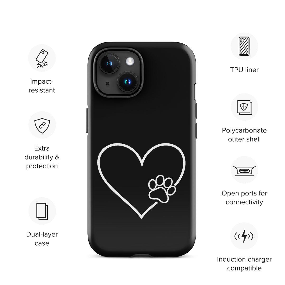Phone Case for iPhone with heart and paw print design, stylish protection for pet lovers, featuring impact resistance and dual-layer durability.