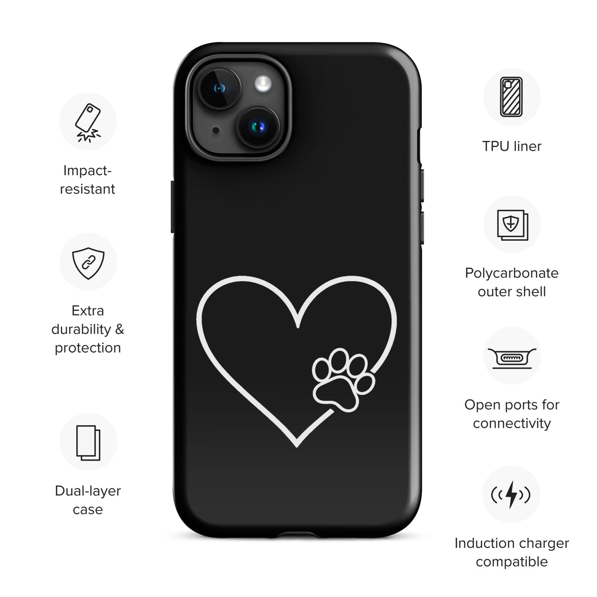 Phone Case for iPhone with heart and paw print design, durable black cover, perfect for pet lovers, impact-resistant protection.