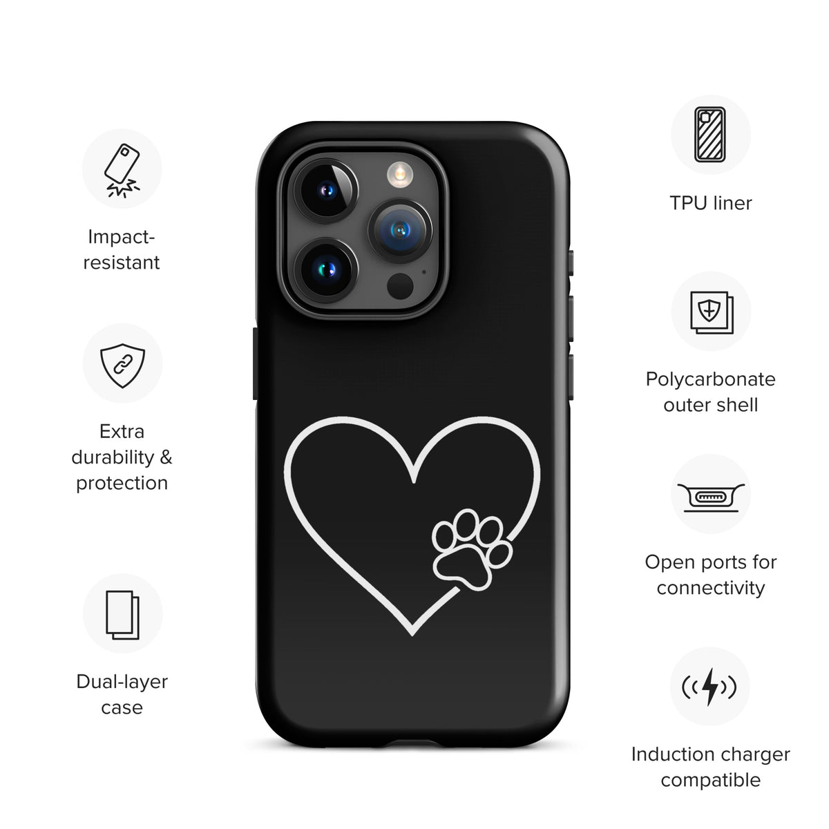 Phone Case for iPhone featuring white heart and paw print design, symbolizing love and loyalty for pet lovers.