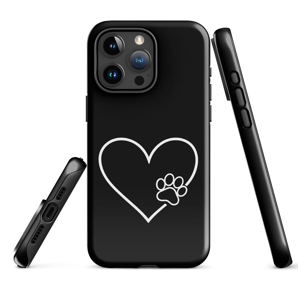 Phone Case for iPhone with heart and paw print design, black minimalist style for pet lovers offering stylish and protective cover.