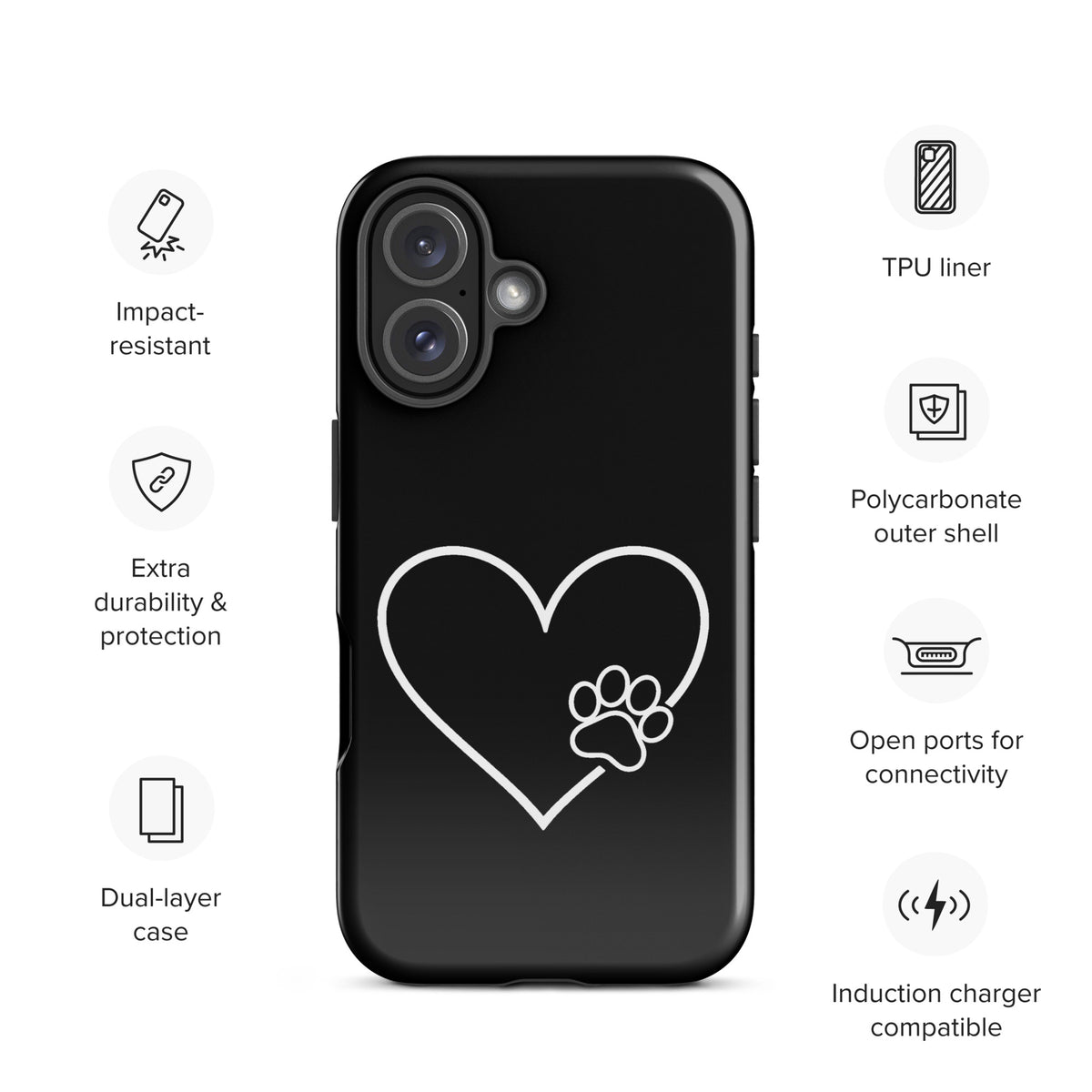 Phone Case with heart and paw print design for iPhone, minimalist style for pet lovers, black with white accents, durable and protective
