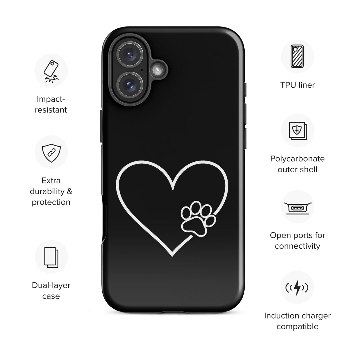 Phone Case for iPhone with heart and paw print design, sleek black, impact-resistant, durable, perfect for pet lovers.