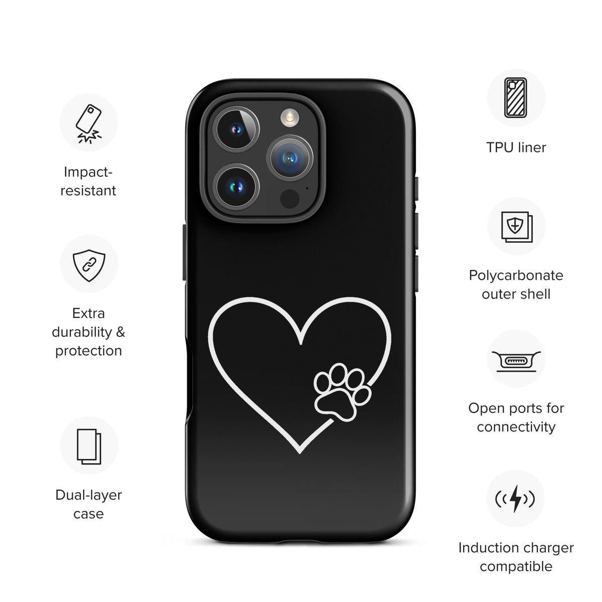 Phone Case for iPhone with heart and paw print design, perfect for pet lovers, offering stylish protection and connectivity features.
