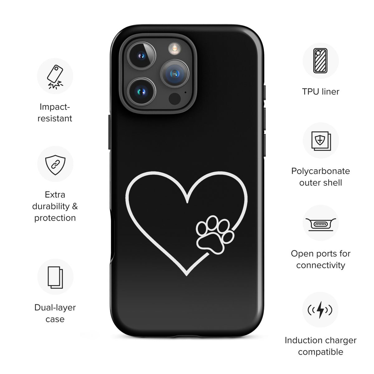 Phone Case for iPhone with heart and paw print design, perfect for pet lovers, offering protection and style.